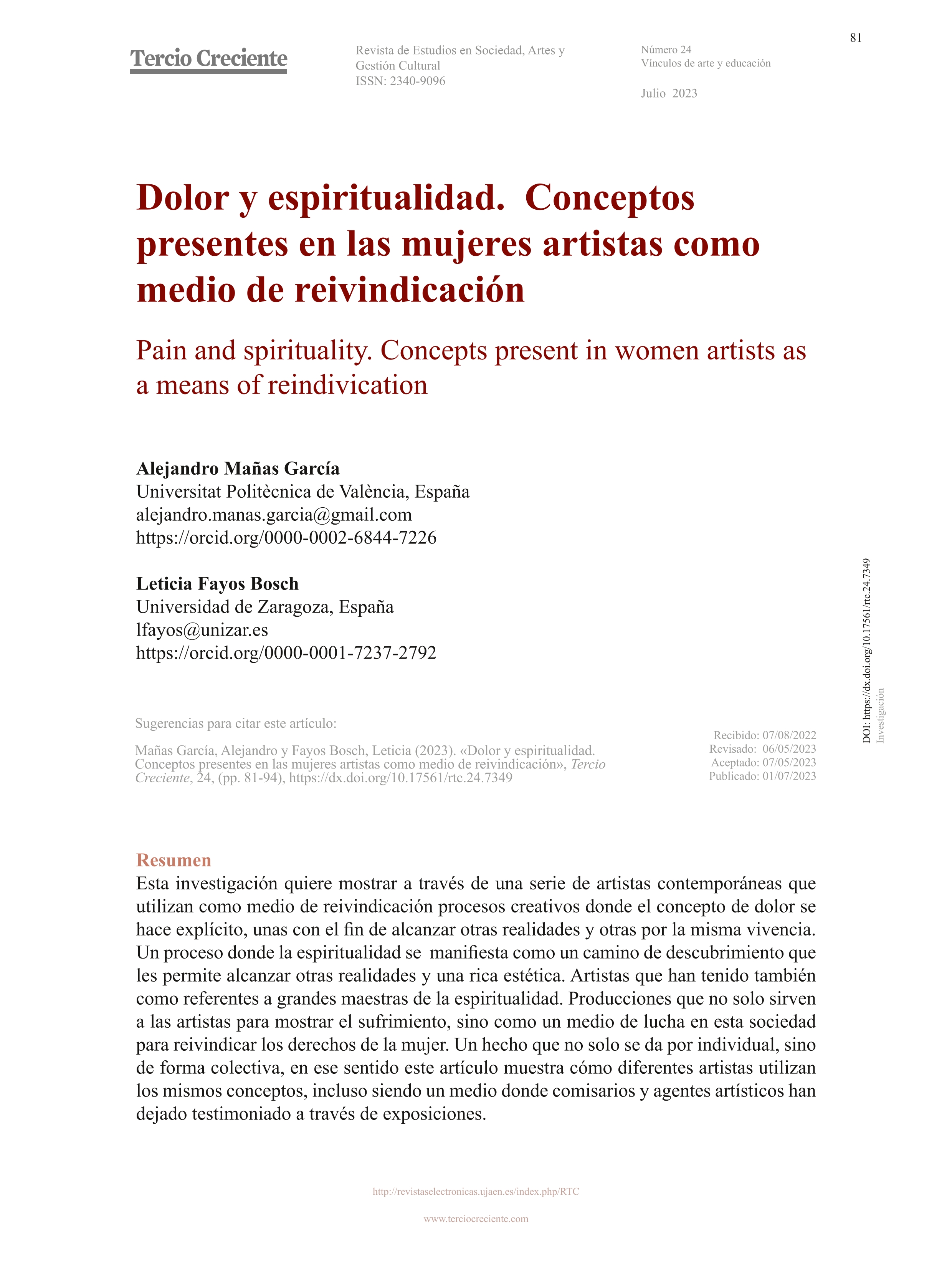 Dolor y espiritualidad.   Conceptos presentes en las mujeres artistas como medio de reivindicación