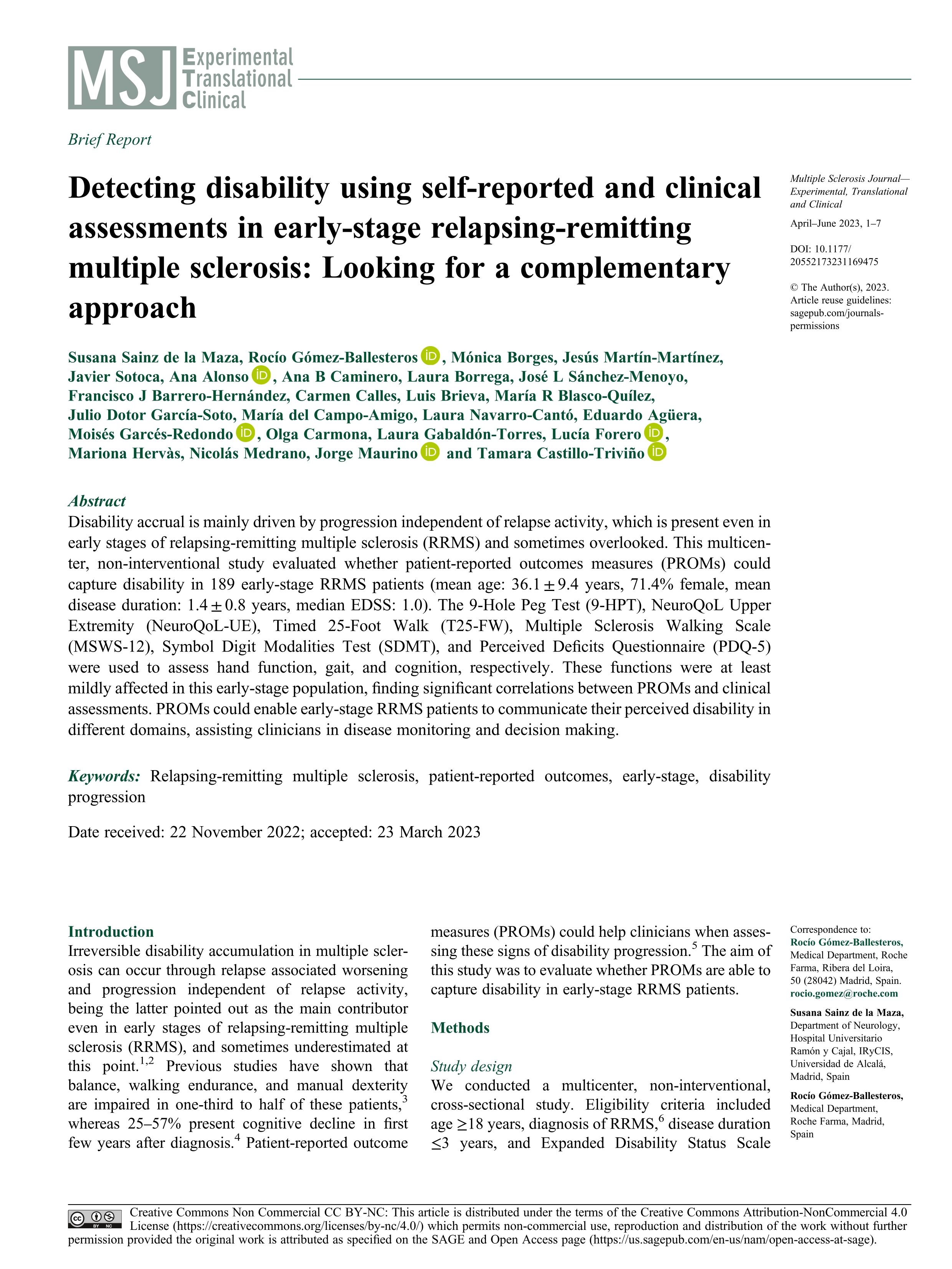 Detecting disability using self-reported and clinical assessments in early-stage relapsing-remitting multiple sclerosis: Looking for a complementary approach