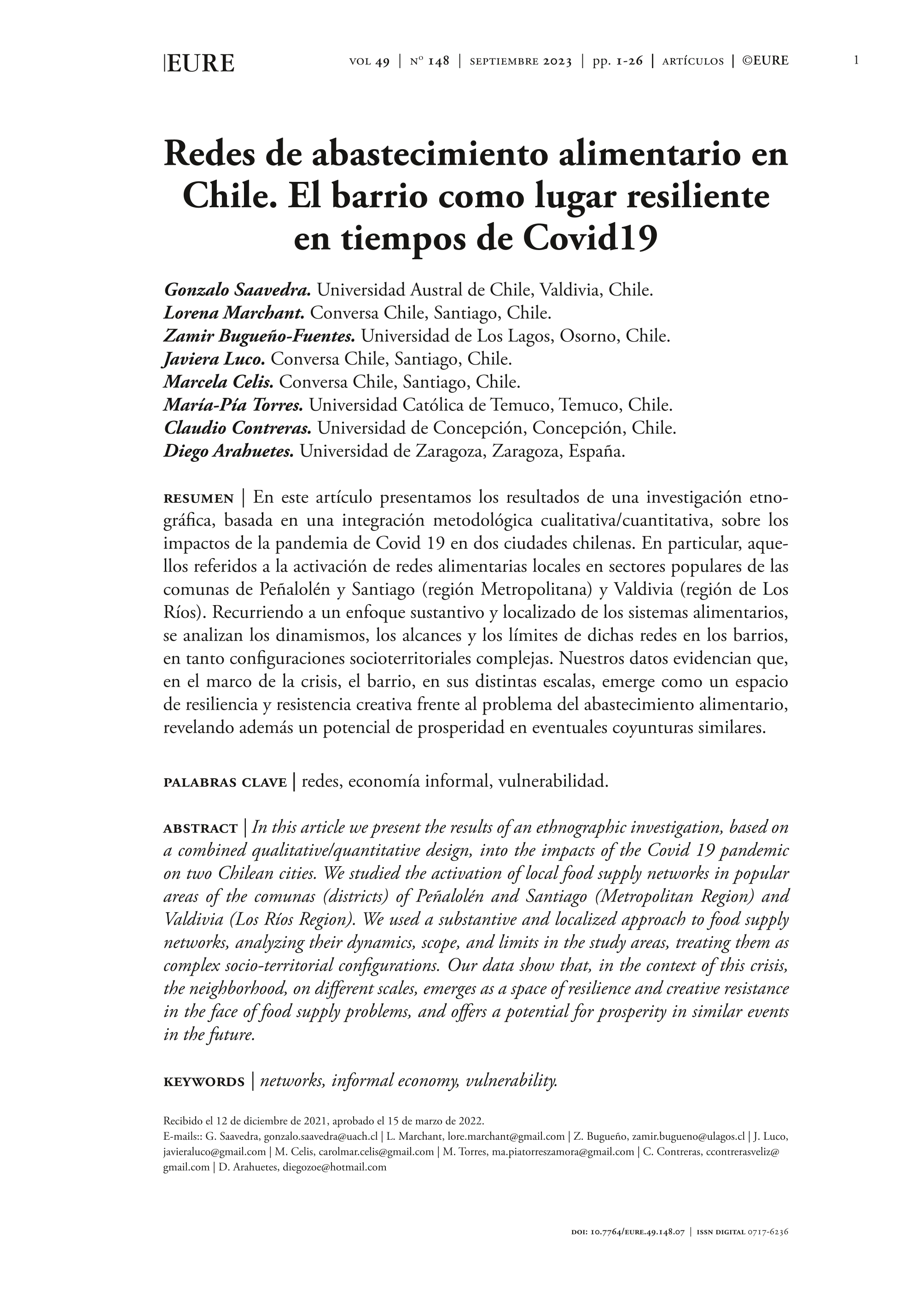 Redes de abastecimiento alimentario en Chile. El barrio como lugar resiliente en tiempos de Covid19