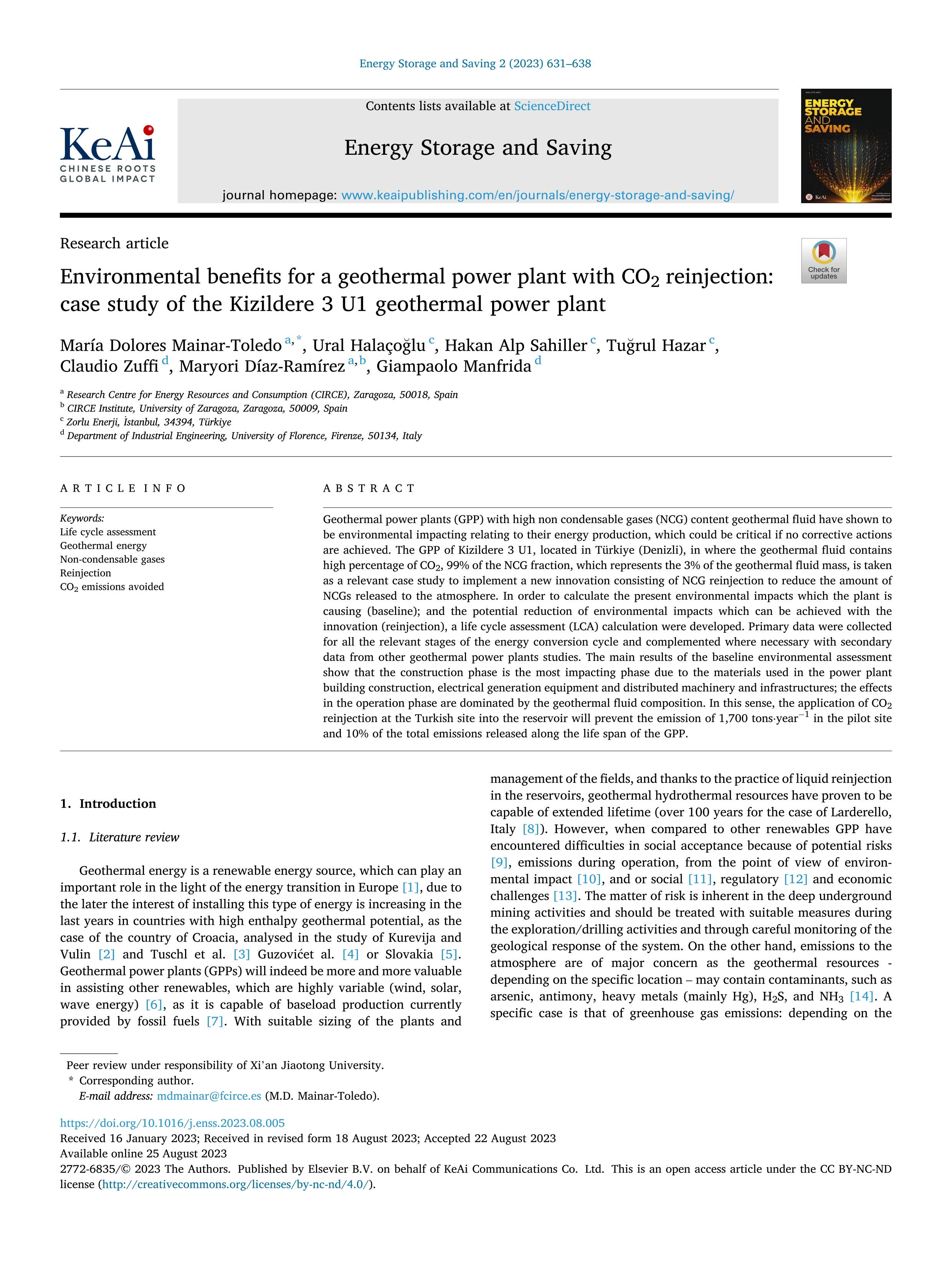 Environmental benefits for a geothermal power plant with CO2 reinjection: case study of the Kizildere 3 U1 geothermal power plant