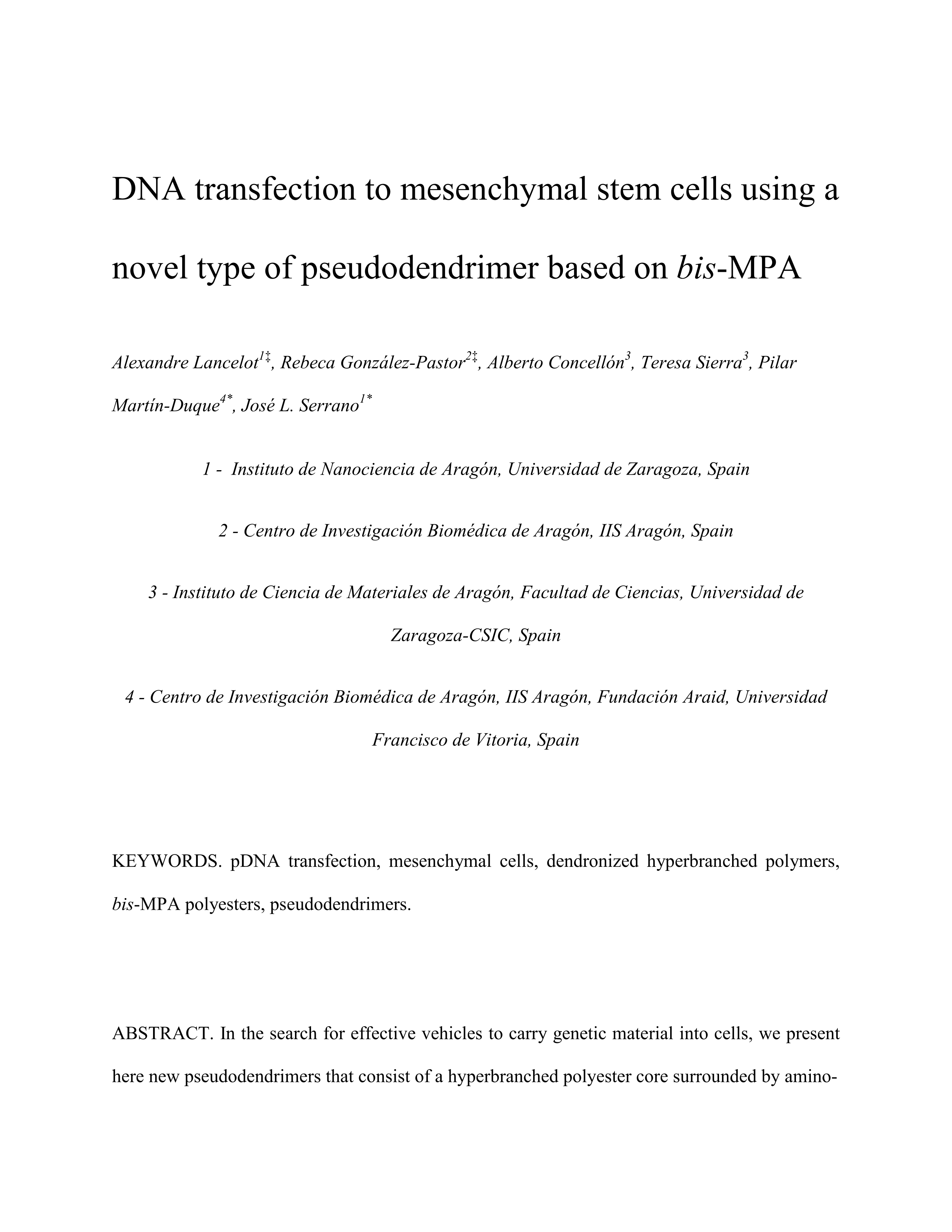 DNA transfection to mesenchymal stem cells using a novel type of pseudodendrimer based on 2,2-bis(hydroxymethyl)propionic acid
