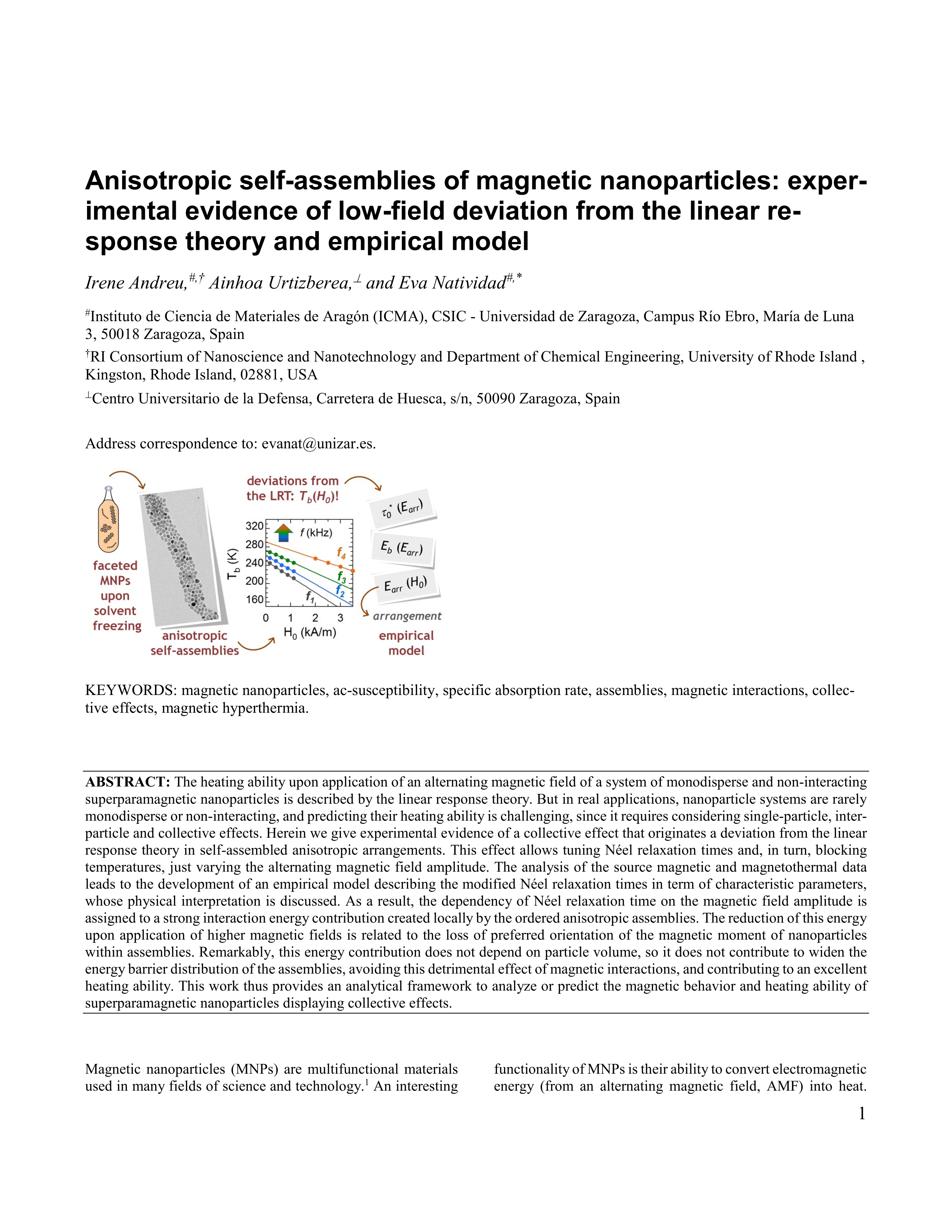 Anisotropic self-assemblies of magnetic nanoparticles: experimental evidence of low-field deviation from the linear response theory and empirical model