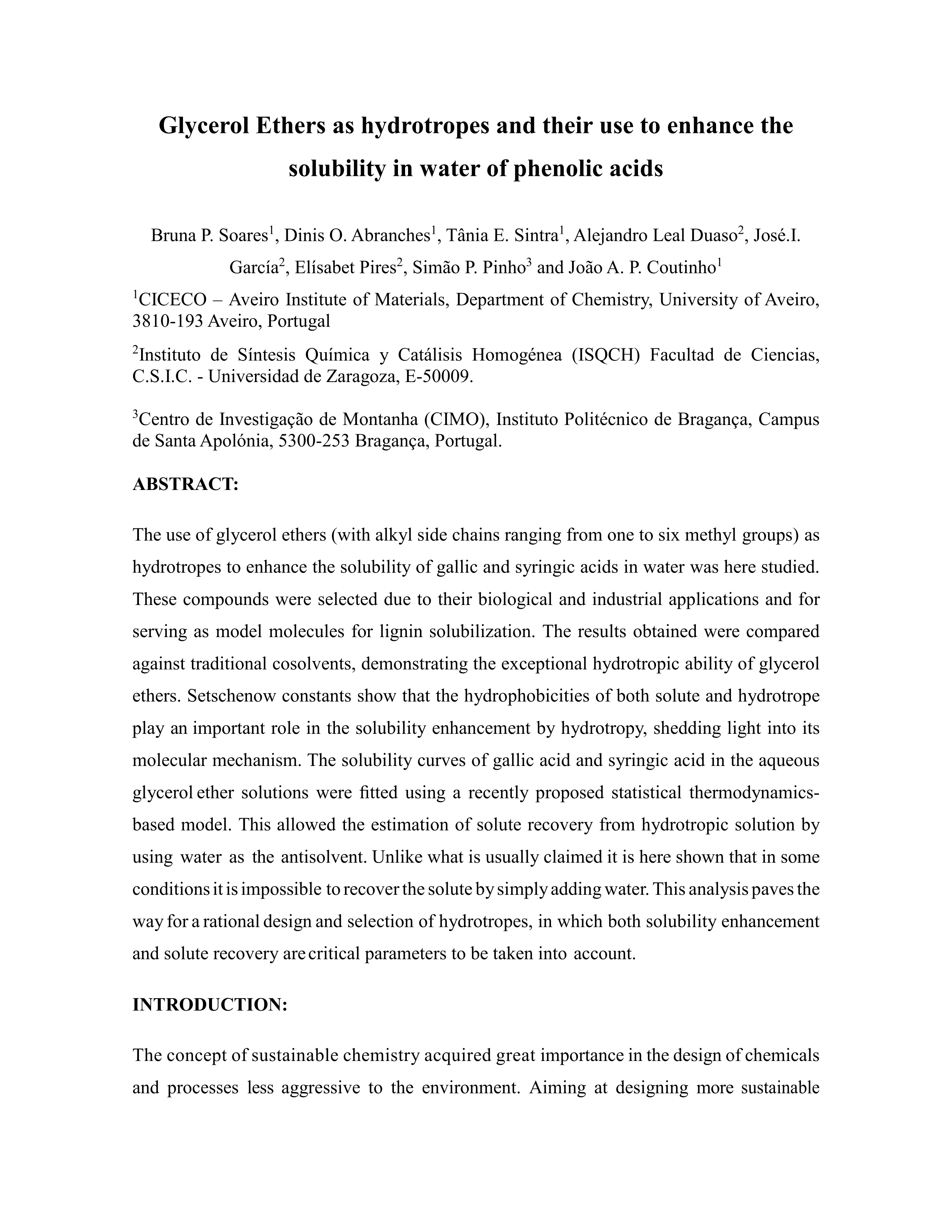 Glycerol ethers as hydrotropes and their use to enhance the solubility of phenolic acids in water