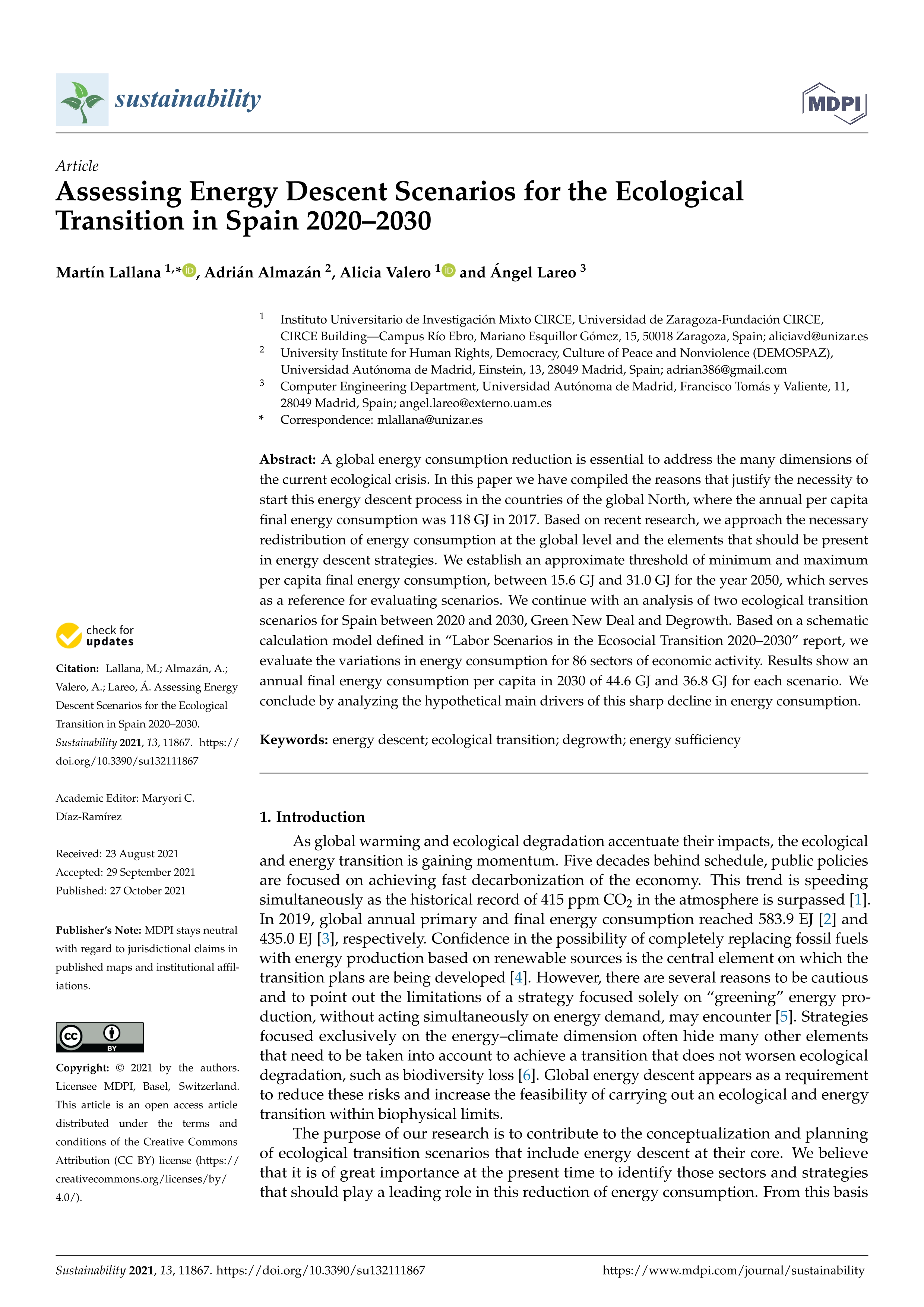 Assessing energy descent scenarios for the ecological transition in spain 2020–2030
