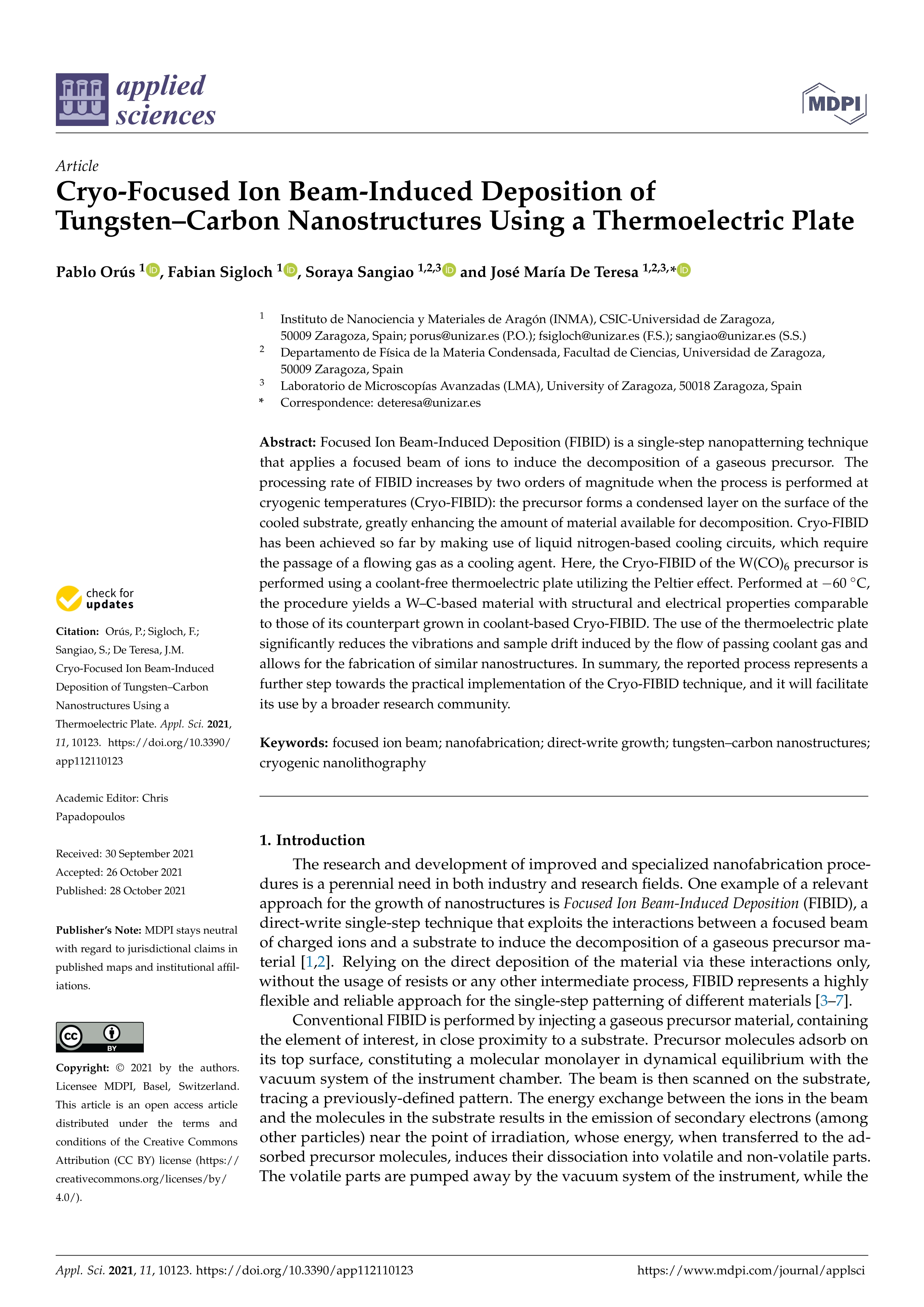 Cryo-focused ion beam-induced deposition of tungsten–carbon nanostructures using a thermoelectric plate