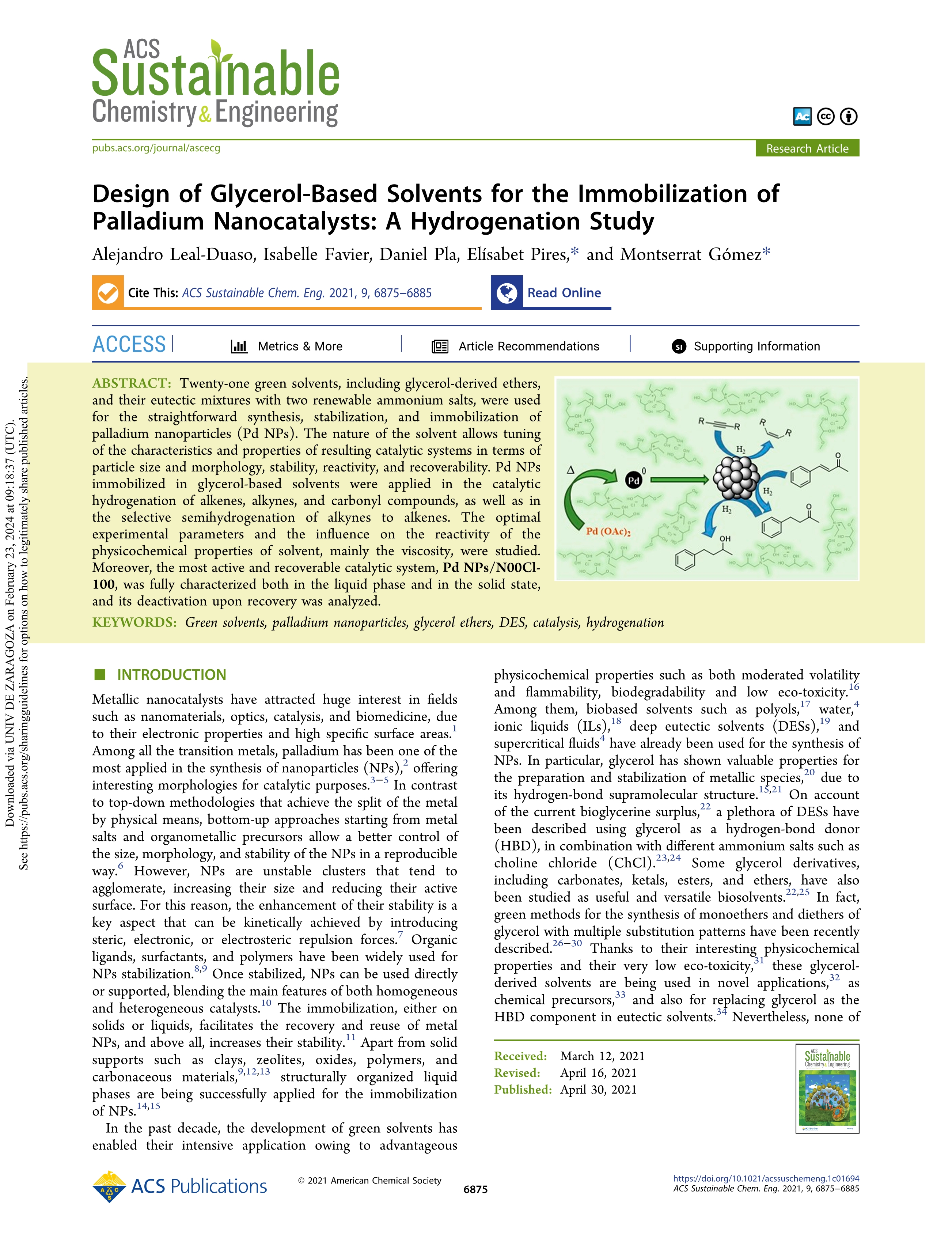 Design of glycerol-based solvents for the immobilization of palladium nanocatalysts: a hydrogenation study