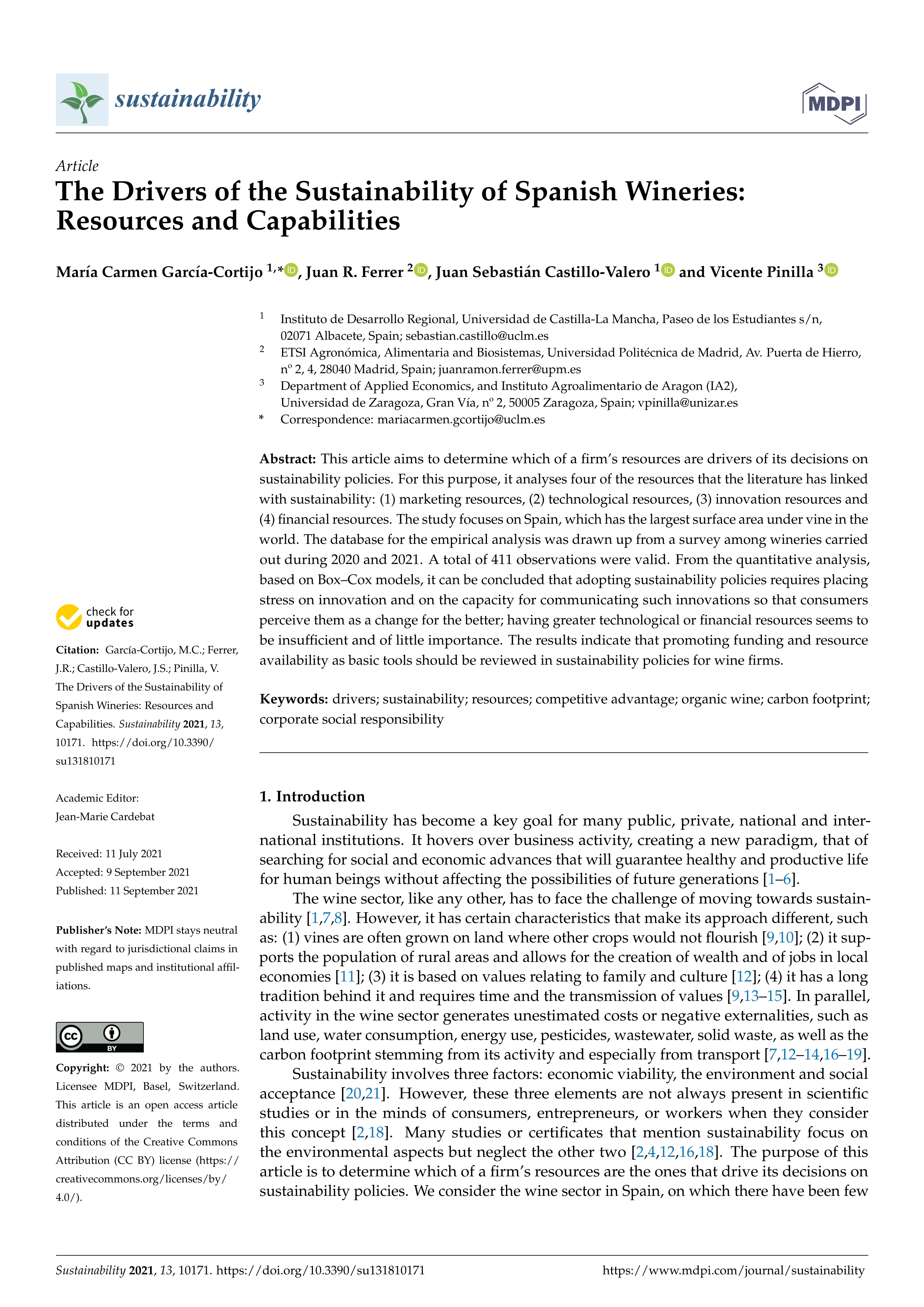 The drivers of the sustainability of spanish wineries: Resources and capabilities
