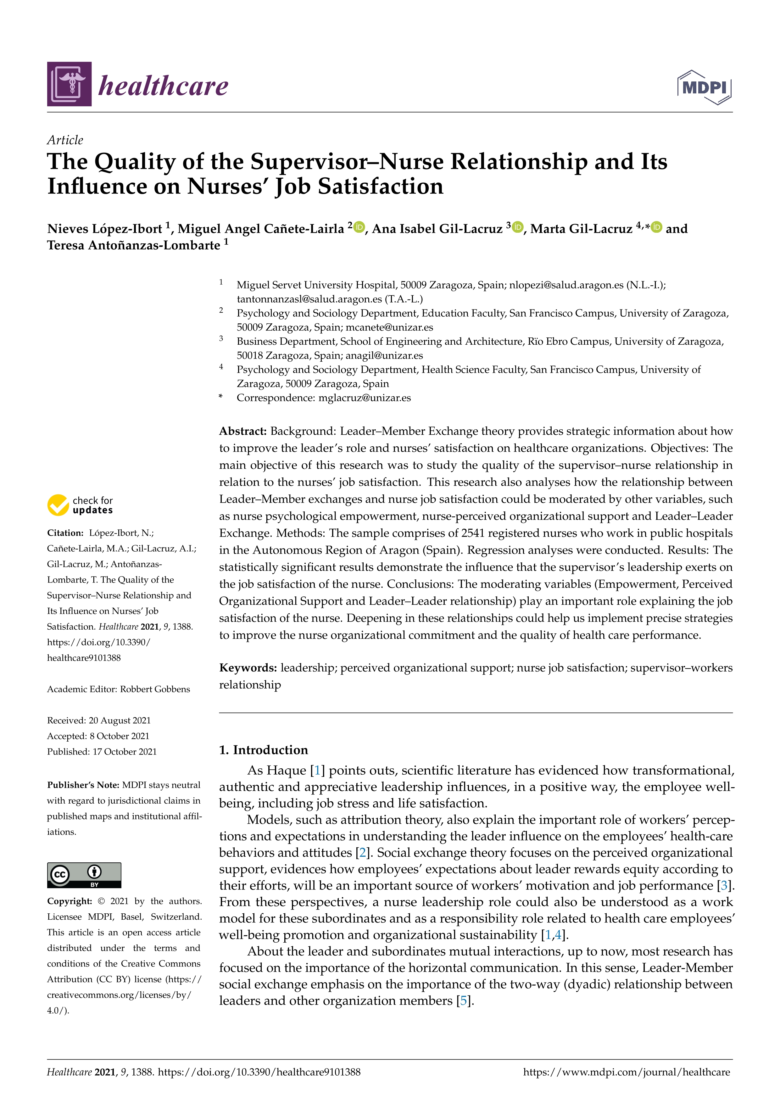 The quality of the supervisor–nurse relationship and its influence on nurses’ job satisfaction