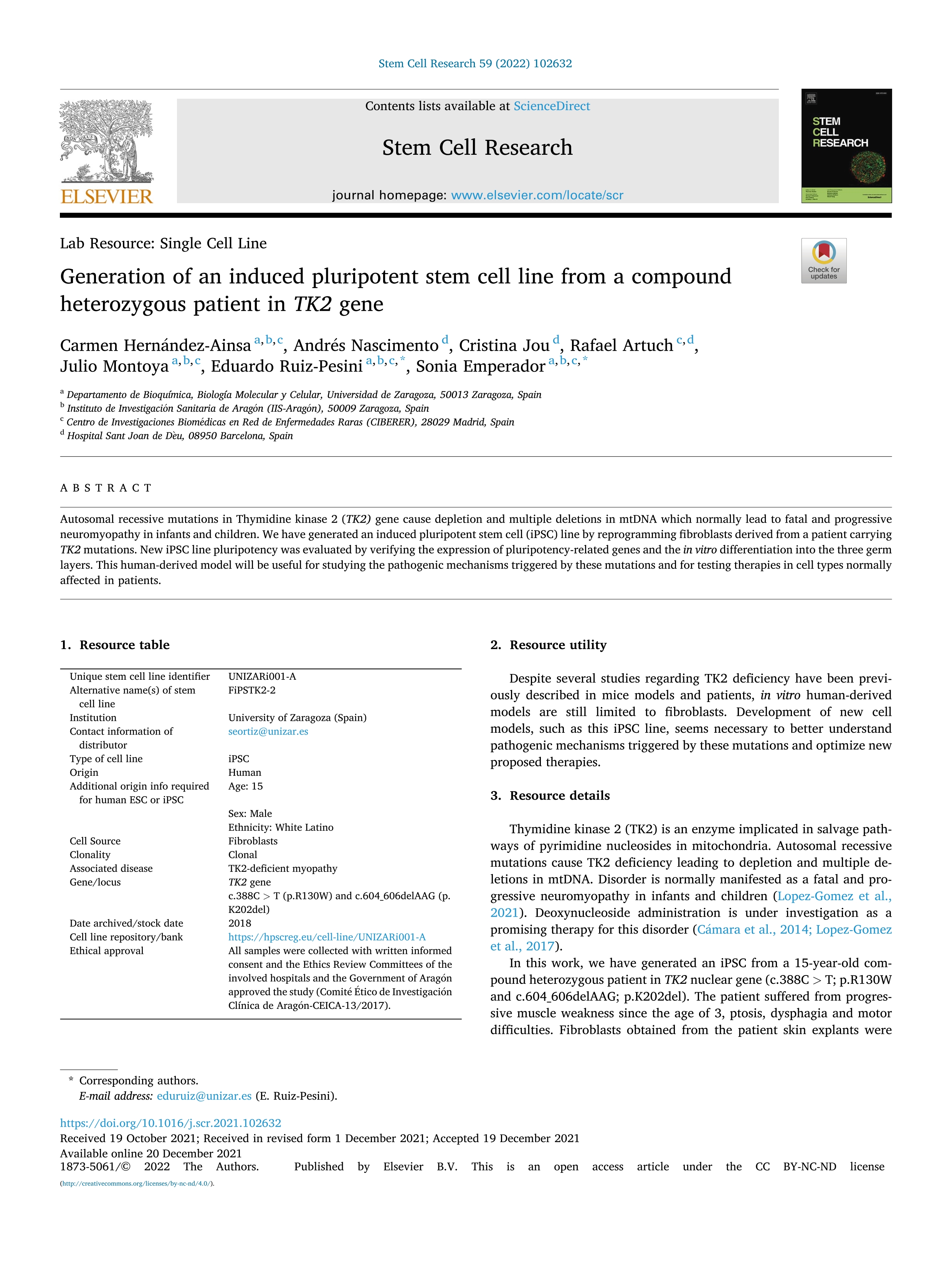 Generation of an induced pluripotent stem cell line from a compound heterozygous patient in TK2 gene