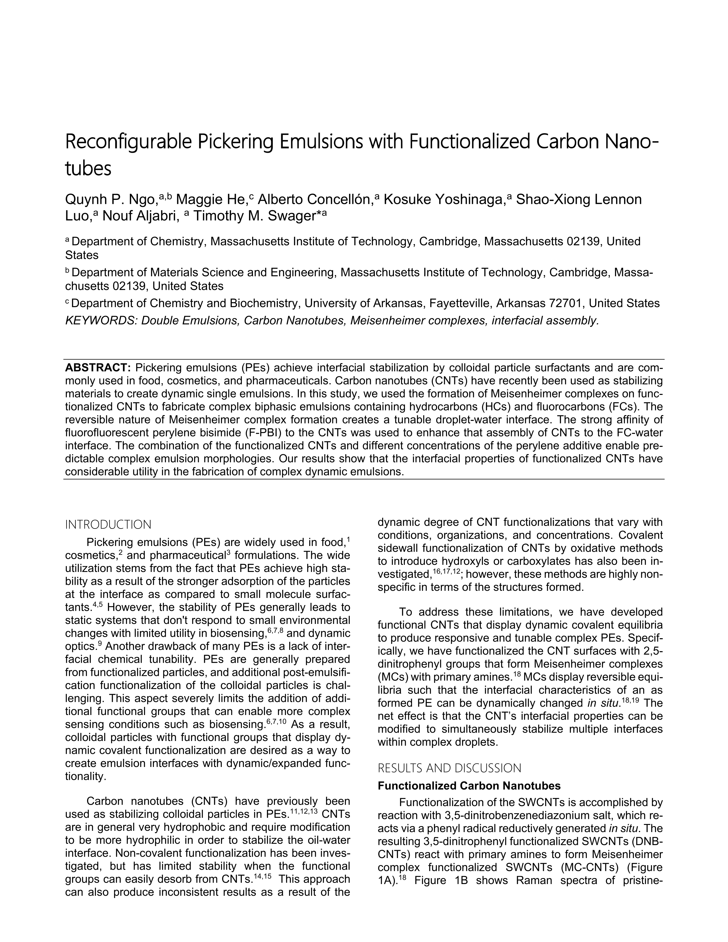 Reconfigurable pickering emulsions with functionalized carbon nanotubes