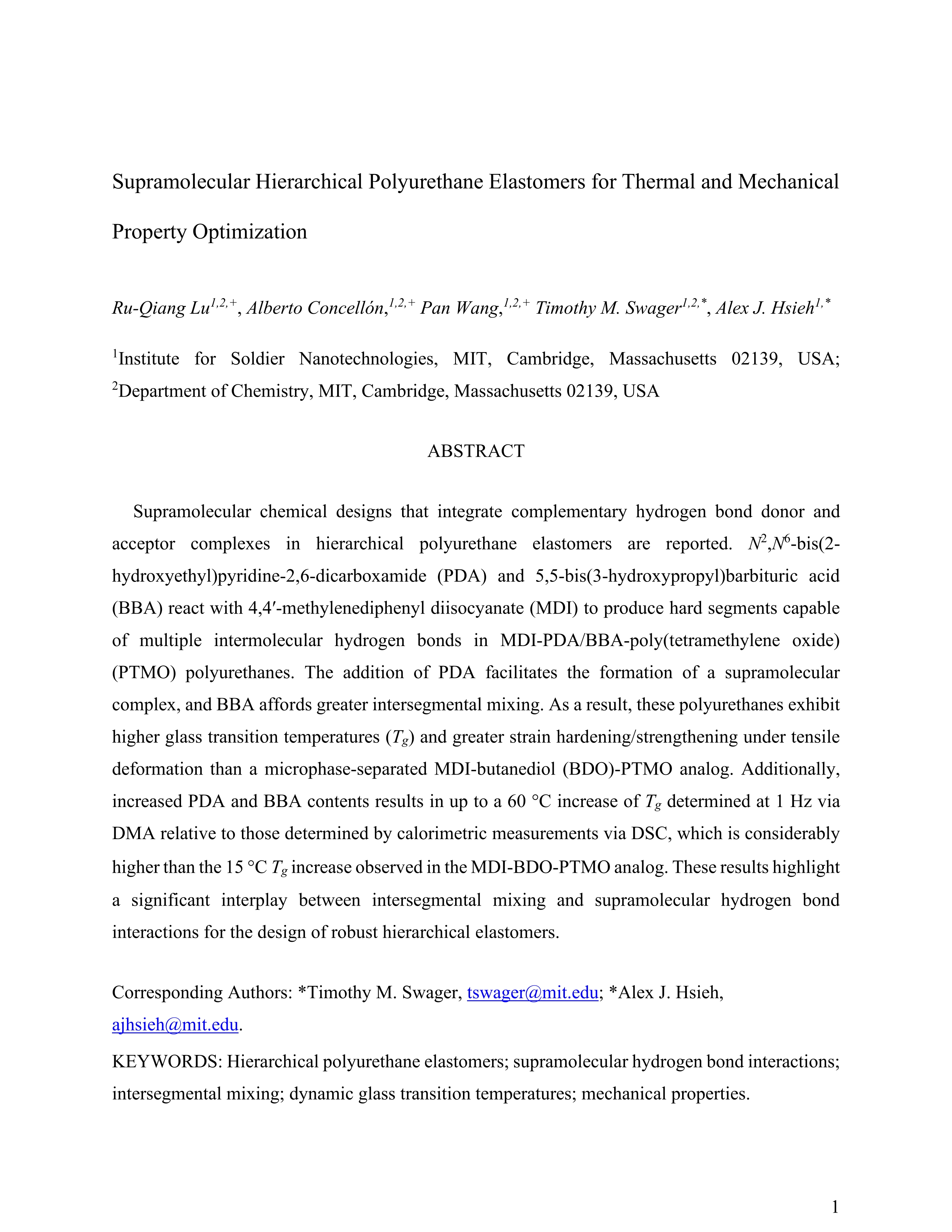 Supramolecular hierarchical polyurethane elastomers for thermal and mechanical property optimization