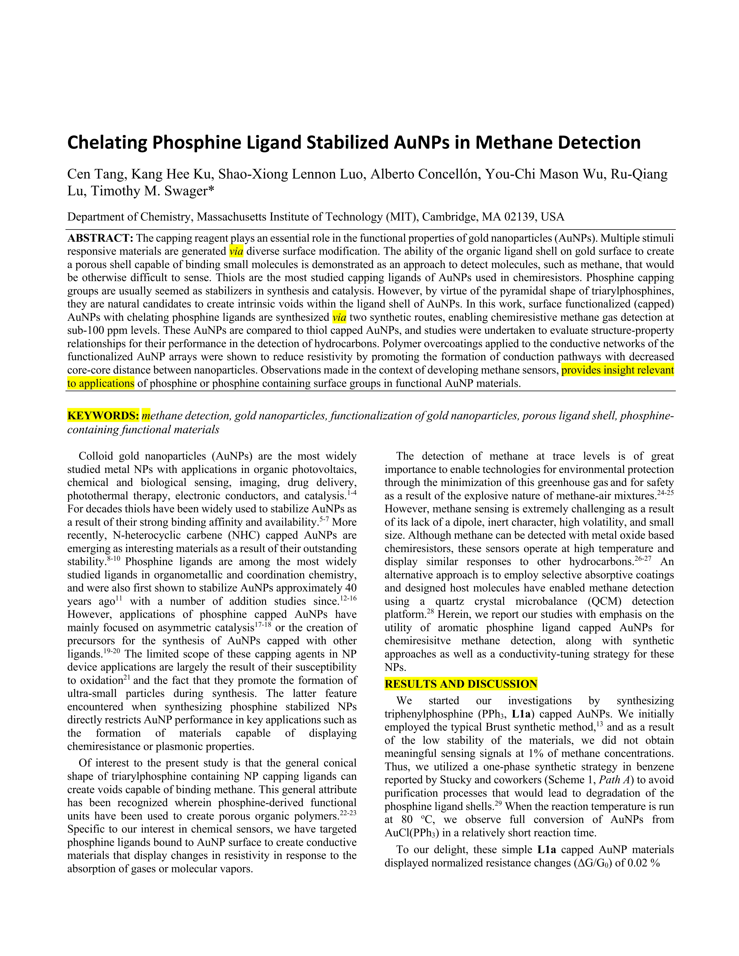 Chelating phosphine ligand stabilized AuNPs in methane detection