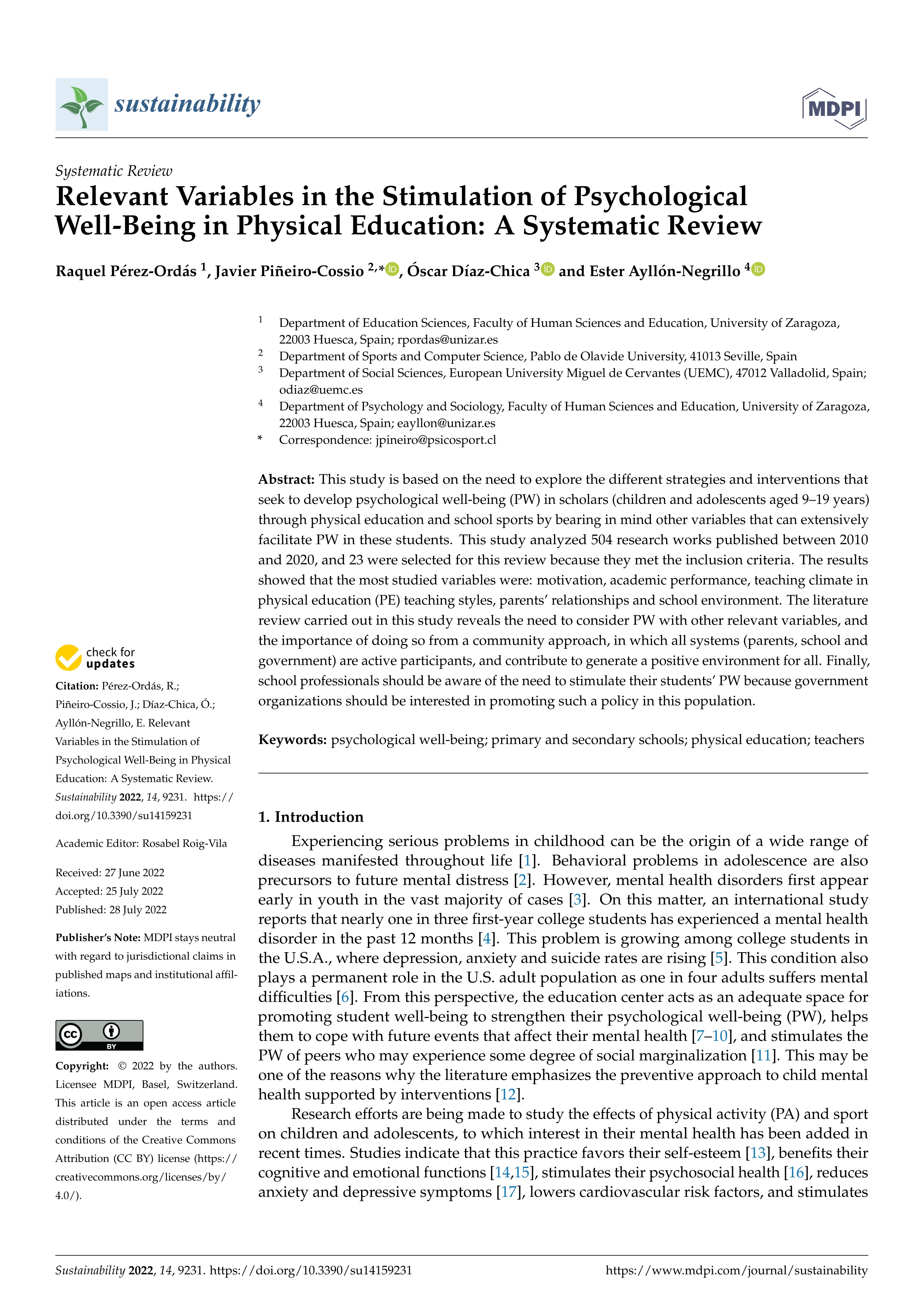 Relevant Variables in the Stimulation of Psychological Well-Being in Physical Education: A Systematic Review
