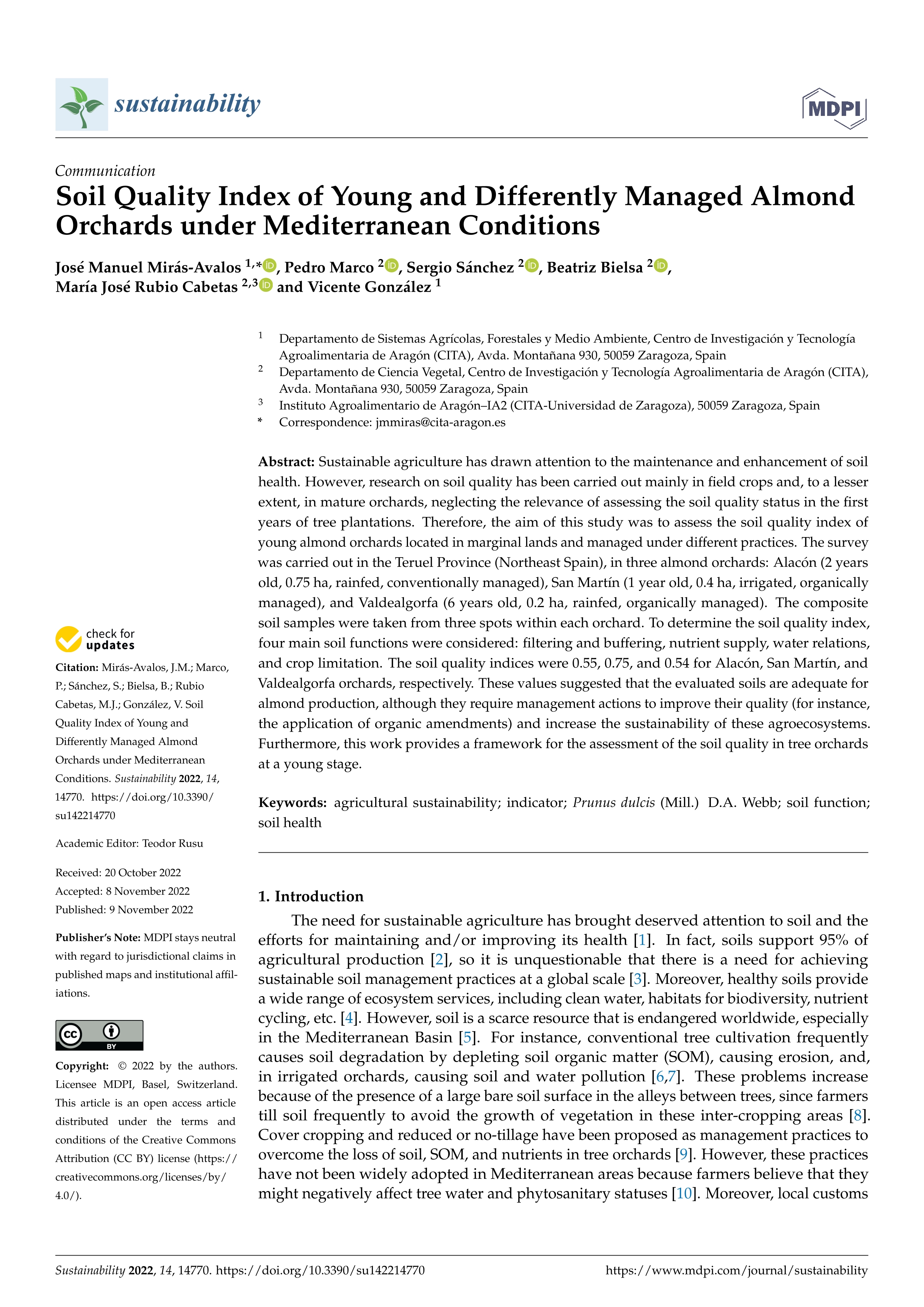 Soil Quality Index of Young and Differently Managed Almond Orchards under Mediterranean Conditions