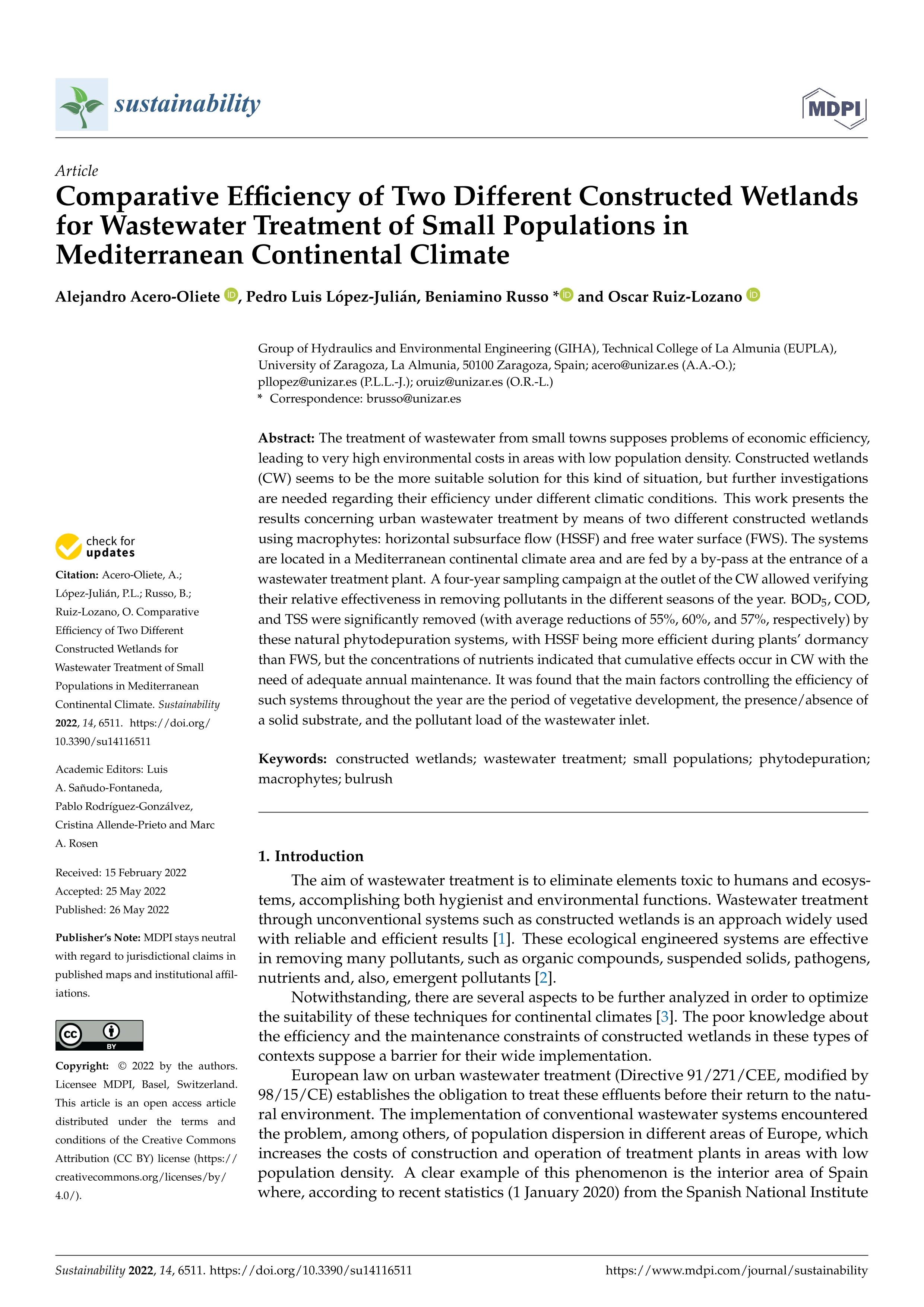 Comparative efficiency of two different constructed wetlands for wastewater treatment of small populations in mediterranean continental climate