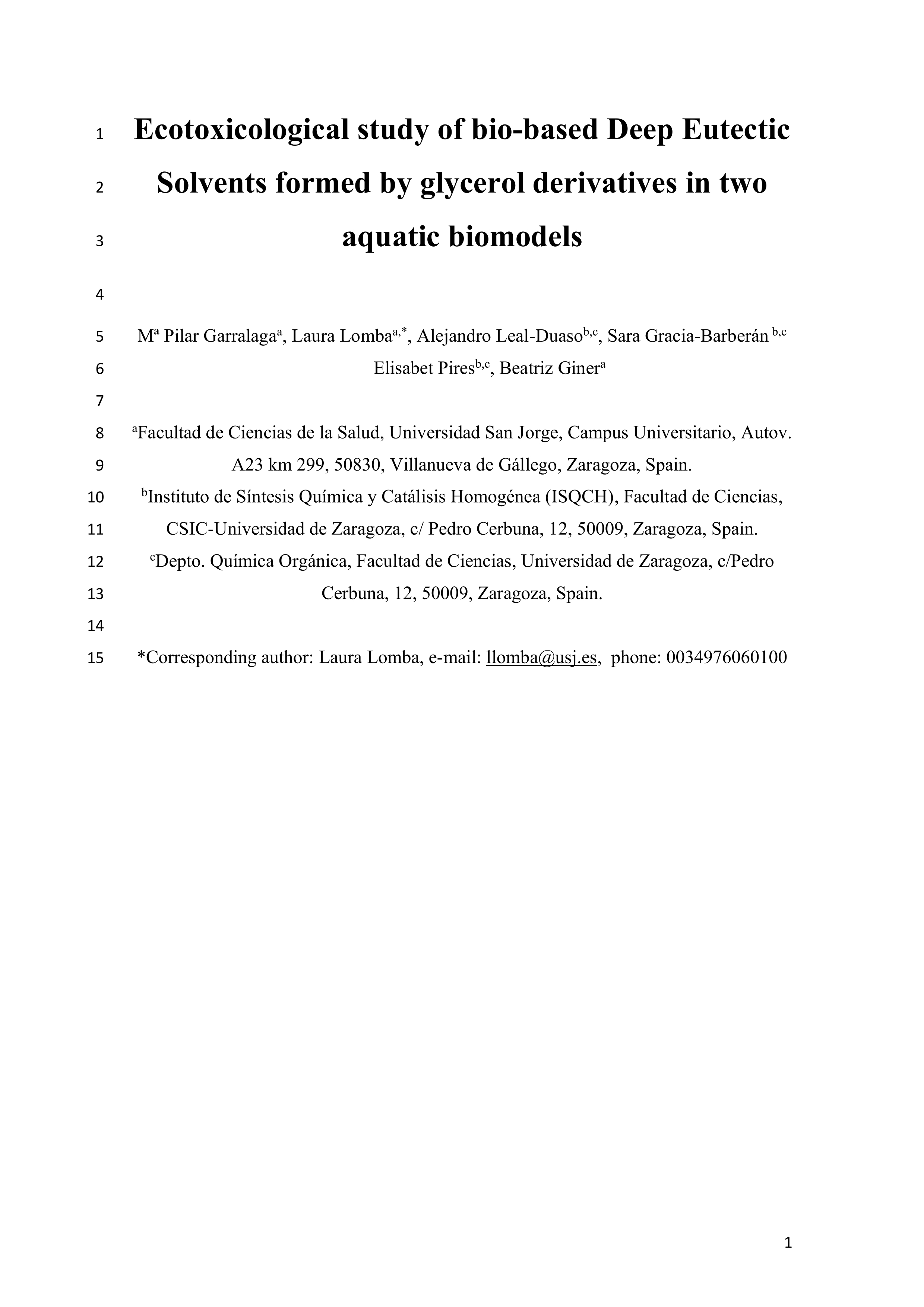 Ecotoxicological study of bio-based deep eutectic solvents formed by glycerol derivatives in two aquatic biomodels