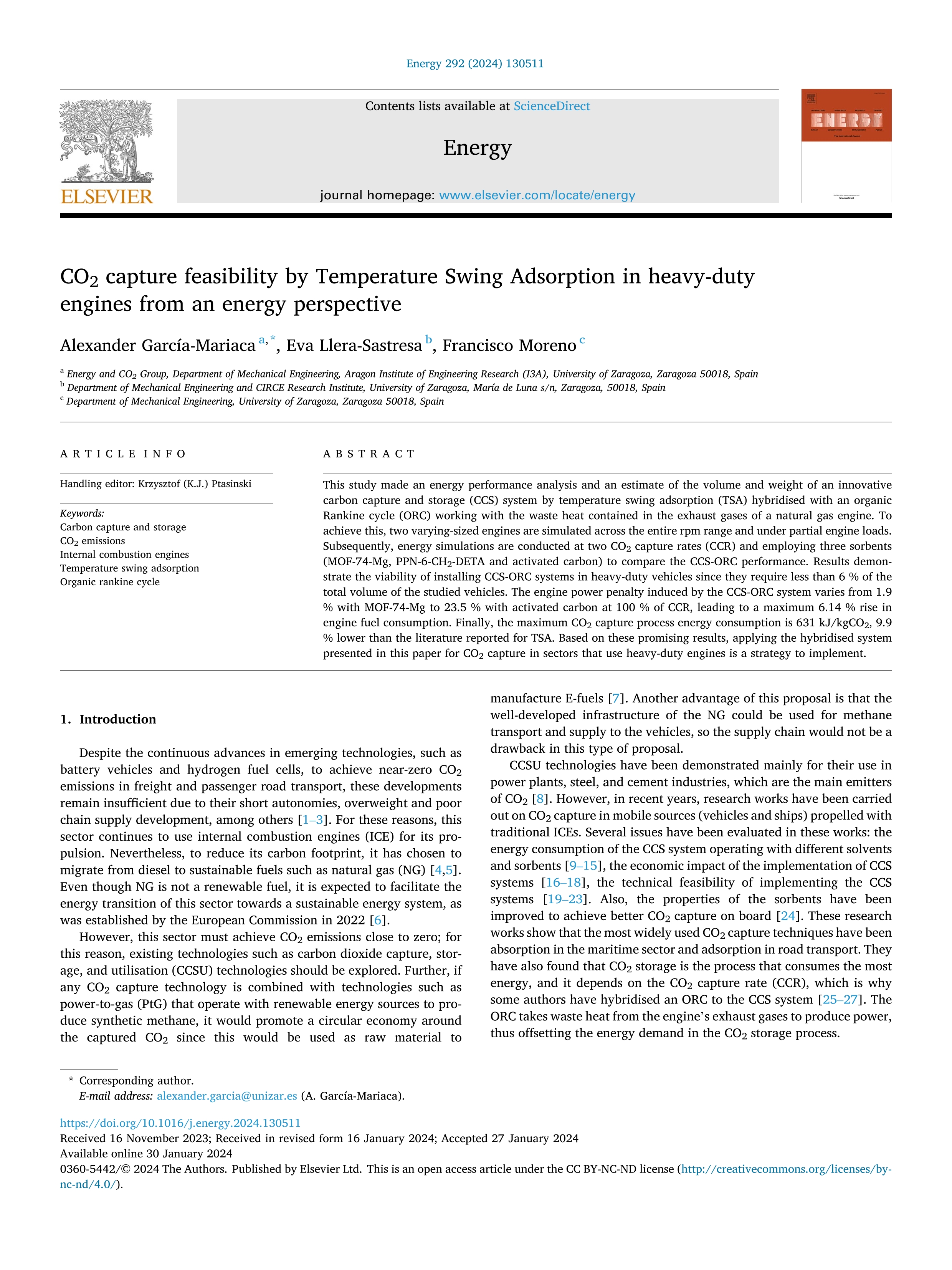 CO2 capture feasibility by Temperature Swing Adsorption in heavy-duty engines from an energy perspective