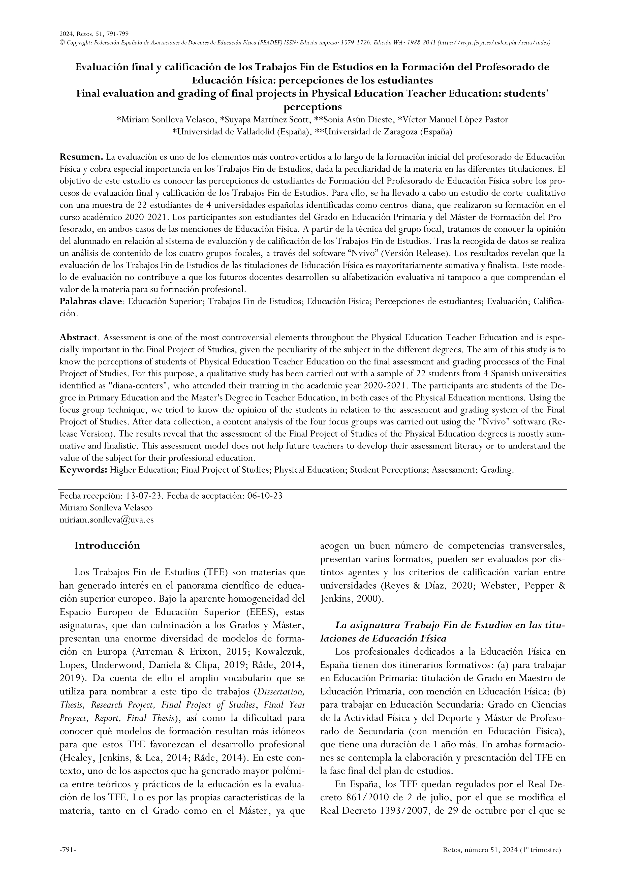 Evaluación final y calificación de los Trabajos Fin de Estudios en la Formación del Profesorado de  Educación Física: percepciones de los estudiantes (Final evaluation and grading of final projects in Physical Education Teacher Education: students' perceptions)