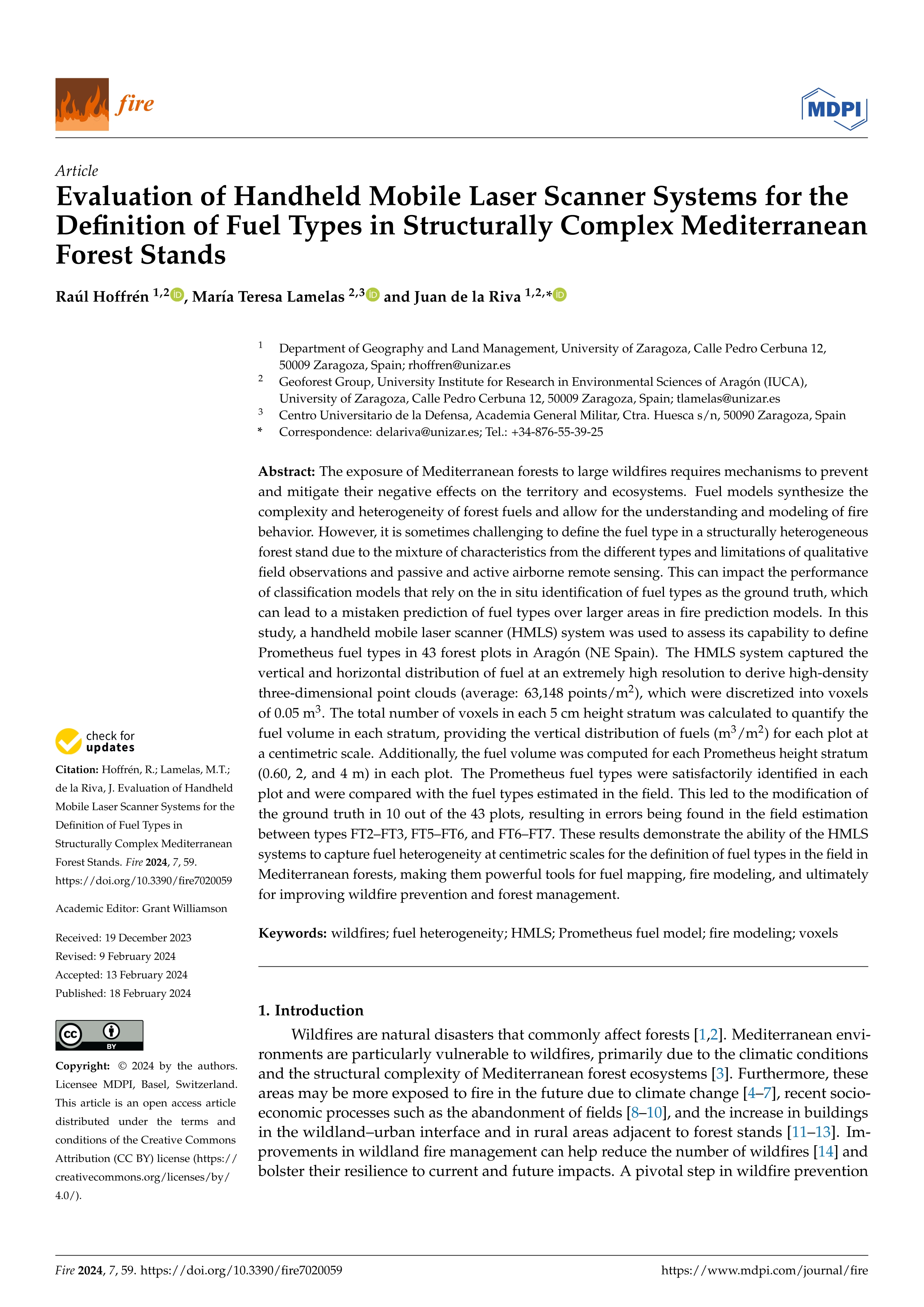 Evaluation of handheld mobile laser scanner systems for the definition of fuel types in structurally complex Mediterranean forest stands