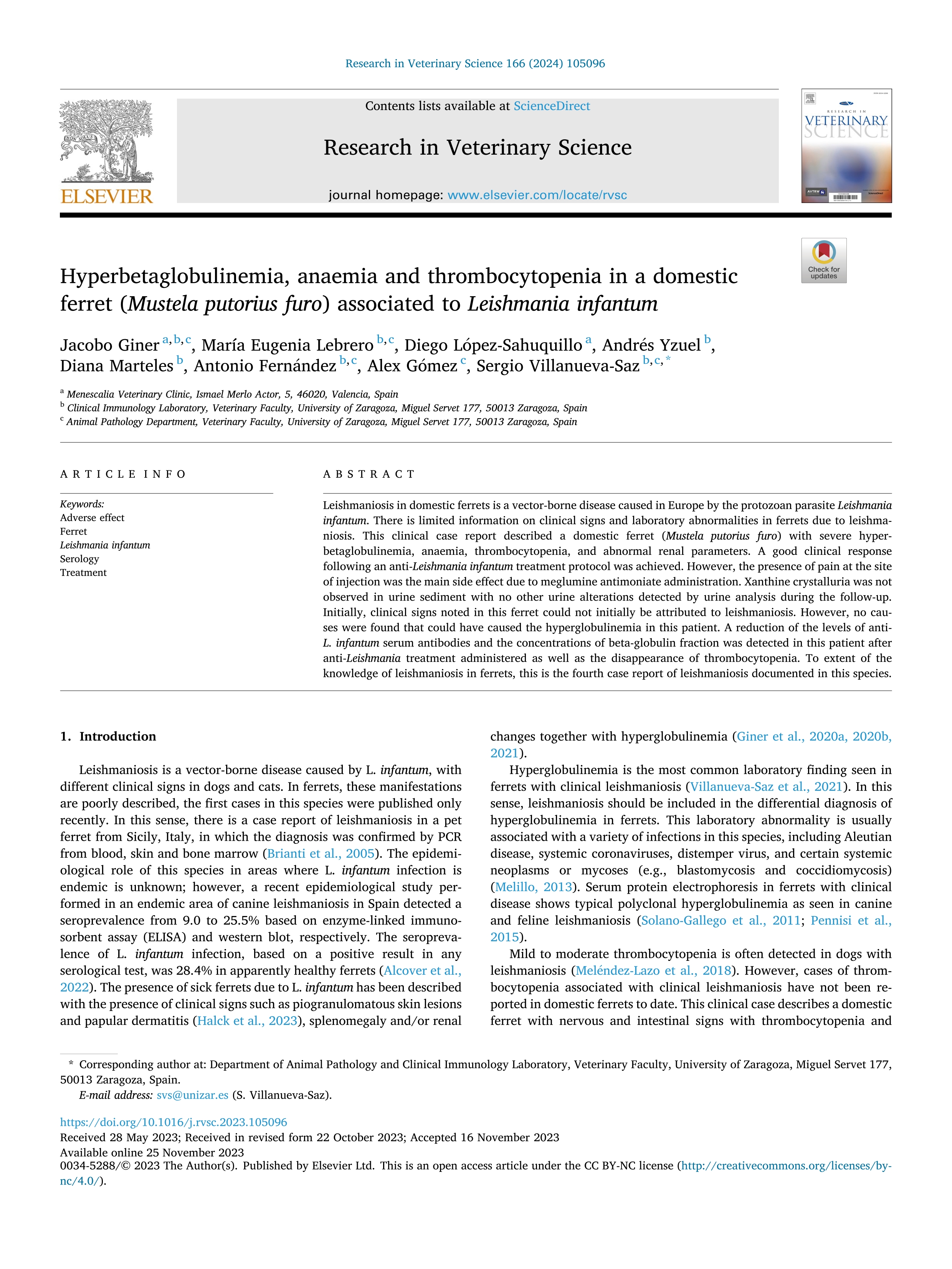 Hyperbetaglobulinemia, anaemia and thrombocytopenia in a domestic ferret (Mustela putorius furo) associated to Leishmania infantum