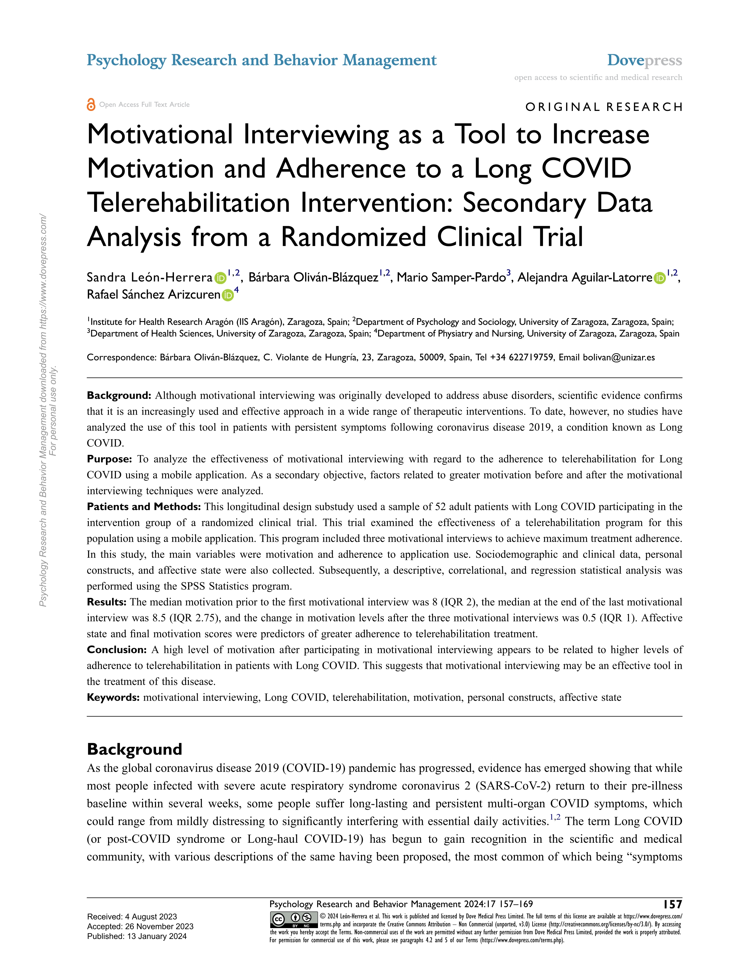 Motivational interviewing as a tool to increase motivation and adherence to a long covid telerehabilitation intervention: secondary data analysis from a randomized clinical trial