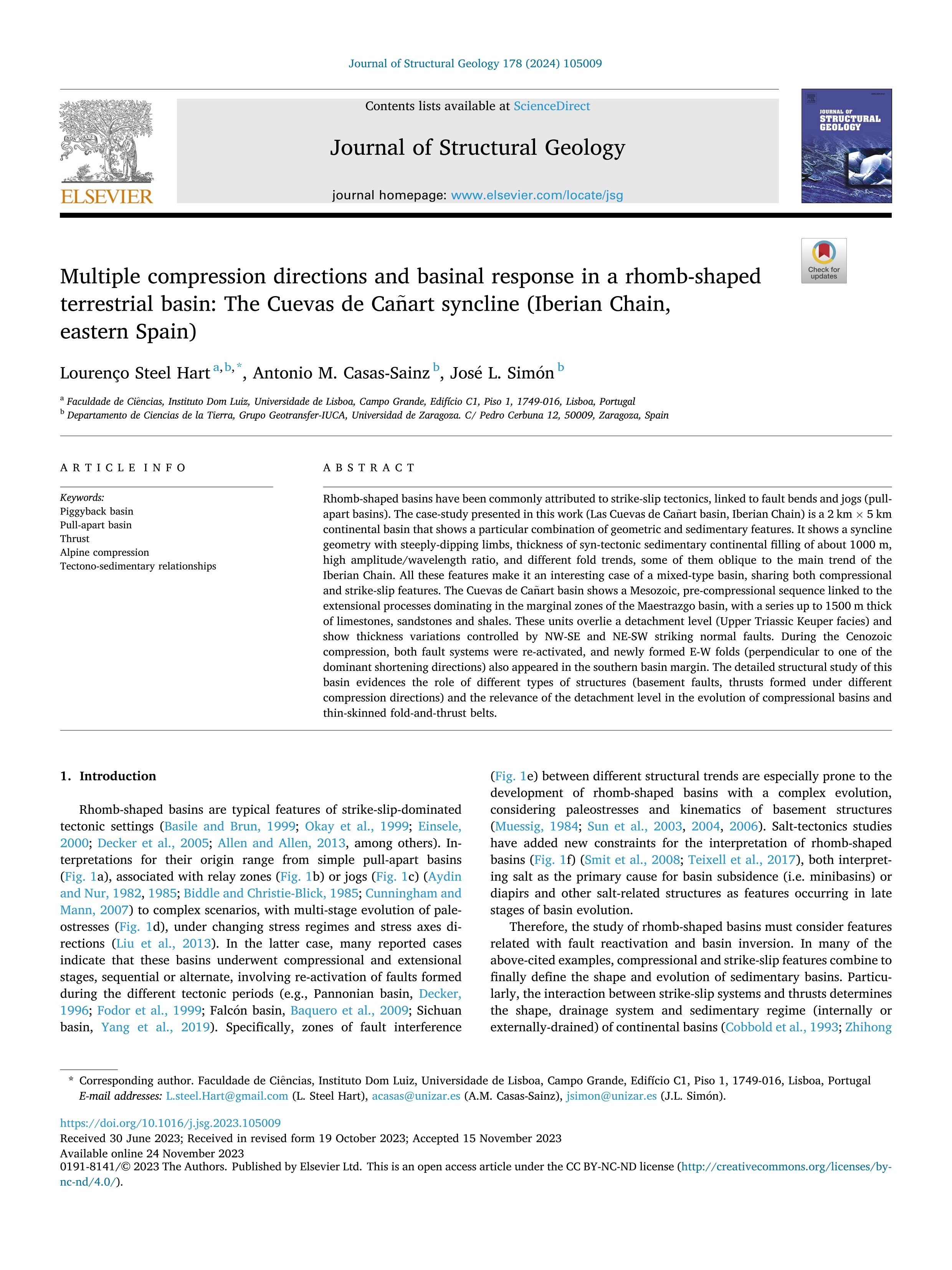 Multiple compression directions and basinal response in a rhomb-shaped terrestrial basin: The Cuevas de Cañart syncline (Iberian Chain, eastern Spain)