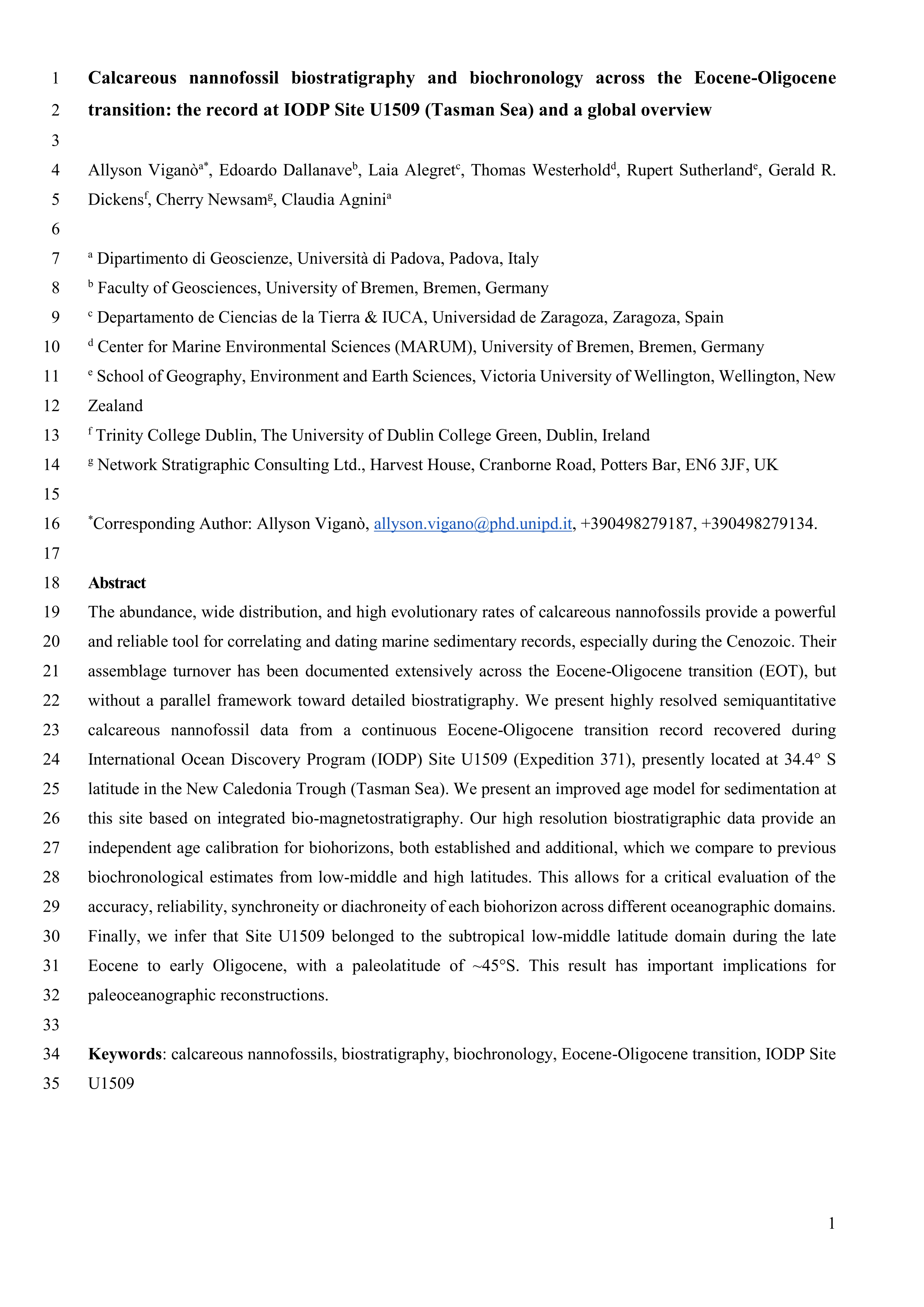 Calcareous nannofossil biostratigraphy and biochronology across the Eocene-Oligocene transition: the record at IODP Site U1509 (Tasman Sea) and a global overview