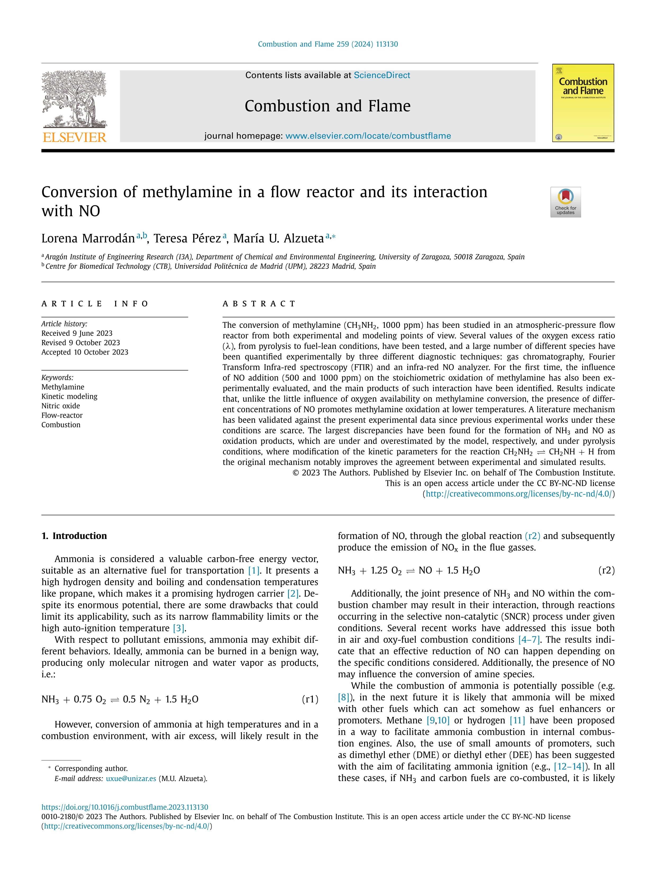 Conversion of methylamine in a flow reactor and its interaction with NO