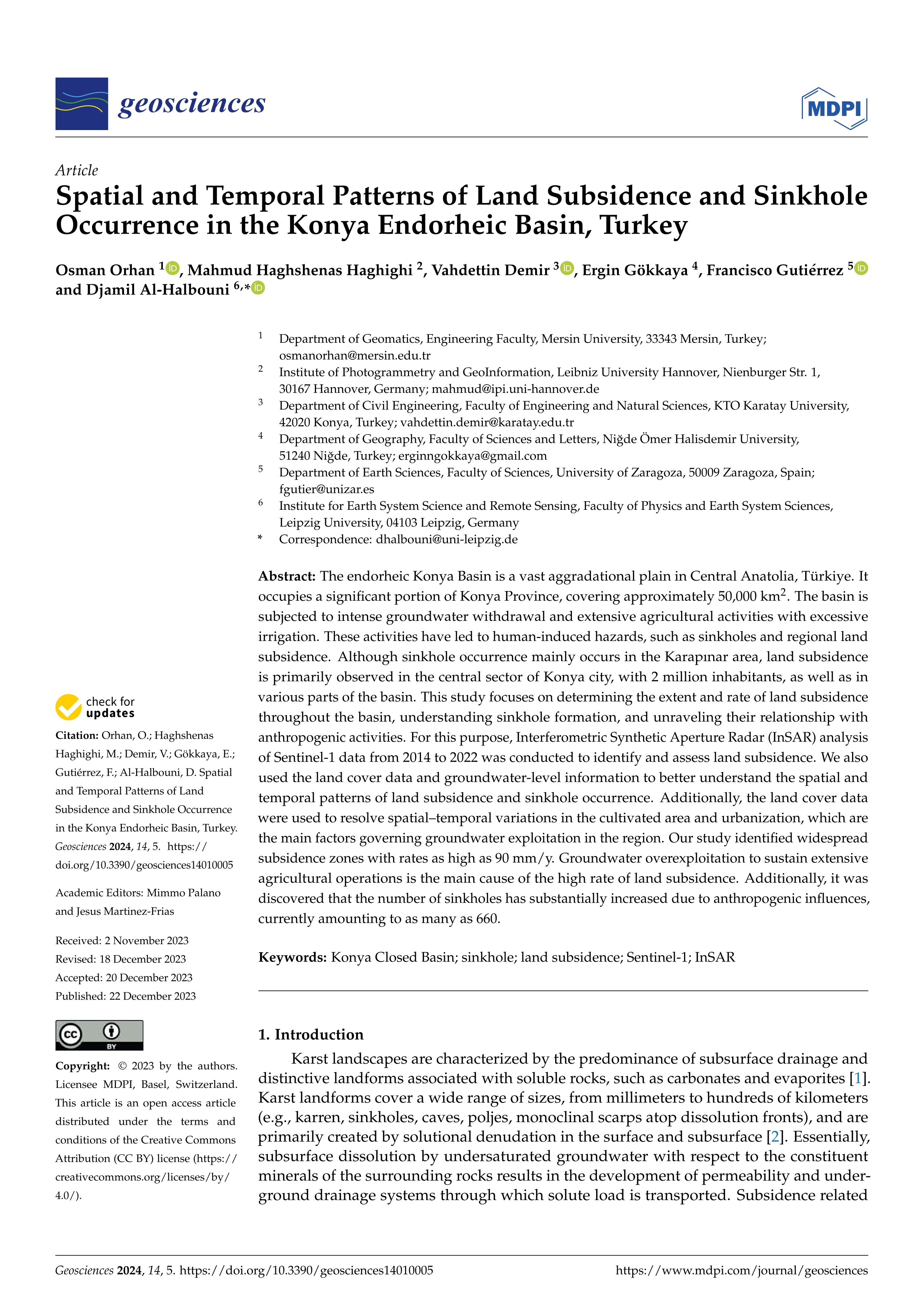 Spatial and temporal patterns of land subsidence and sinkhole occurrence in the Konya endorheic basin, Turkey