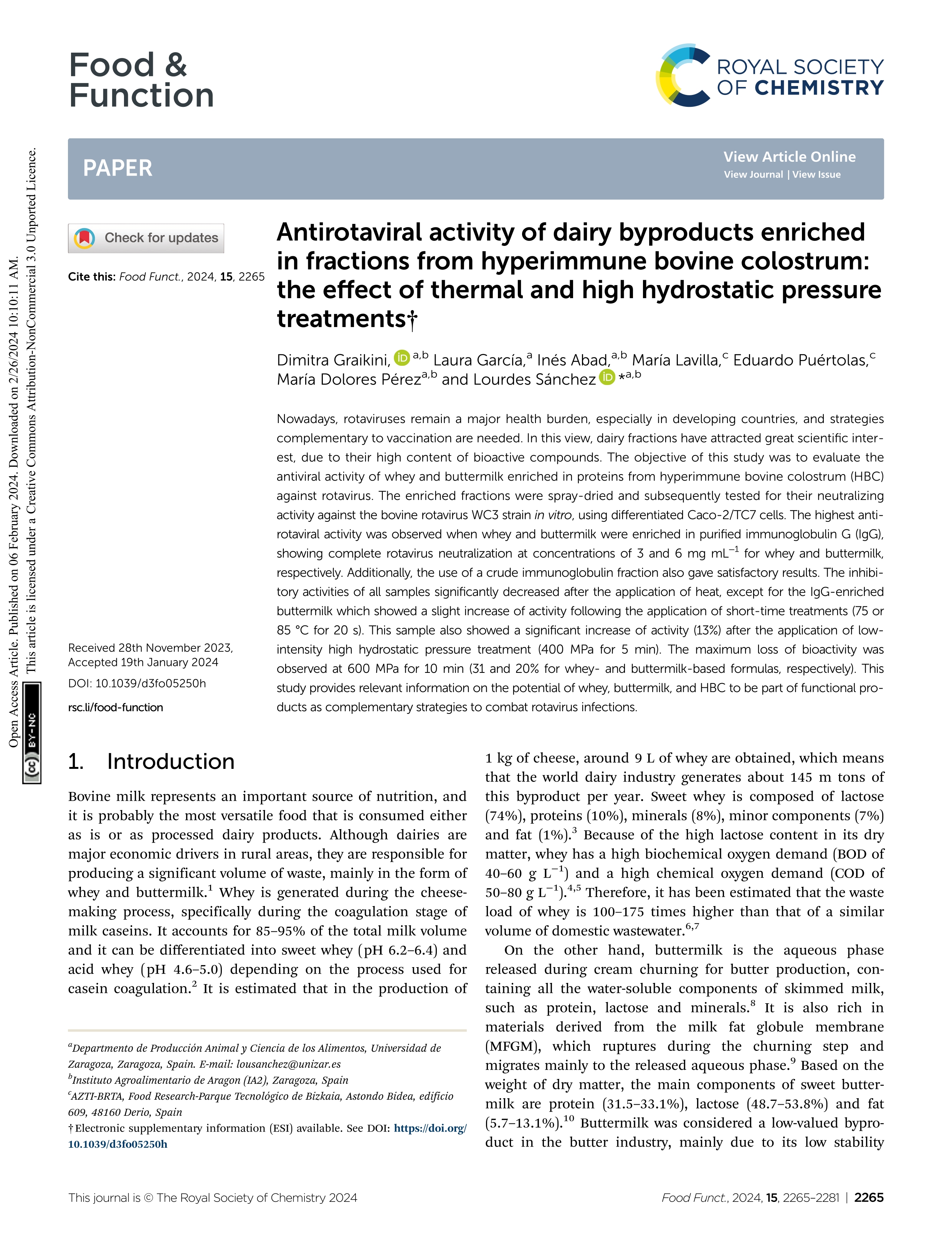 Antirotaviral activity of dairy byproducts enriched in fractions from hyperimmune bovine colostrum: the effect of thermal and high hydrostatic pressure treatments