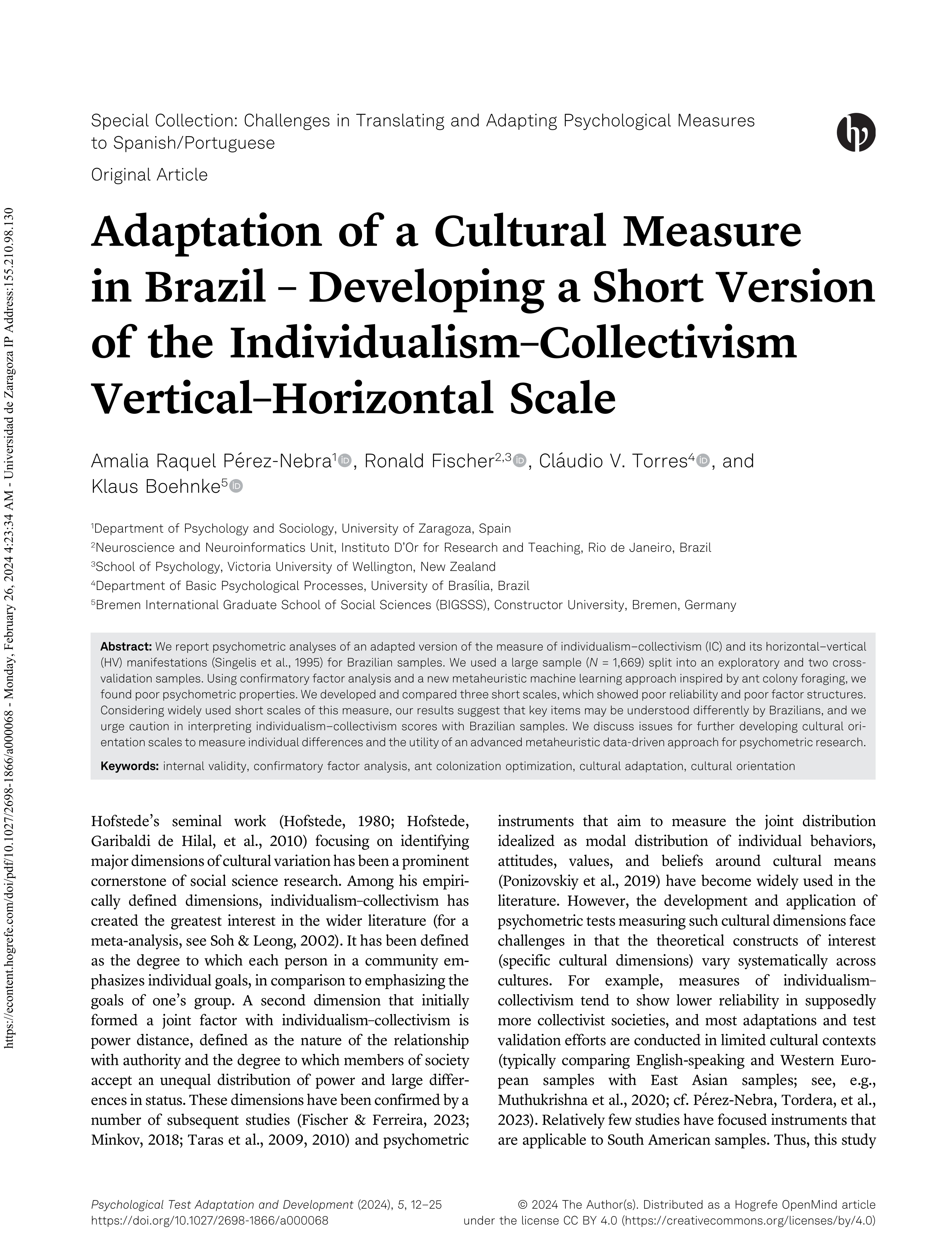 Adaptation of a Cultural Measure in Brazil – Developing a                     Short Version of the Individualism–Collectivism                     Vertical–Horizontal Scale