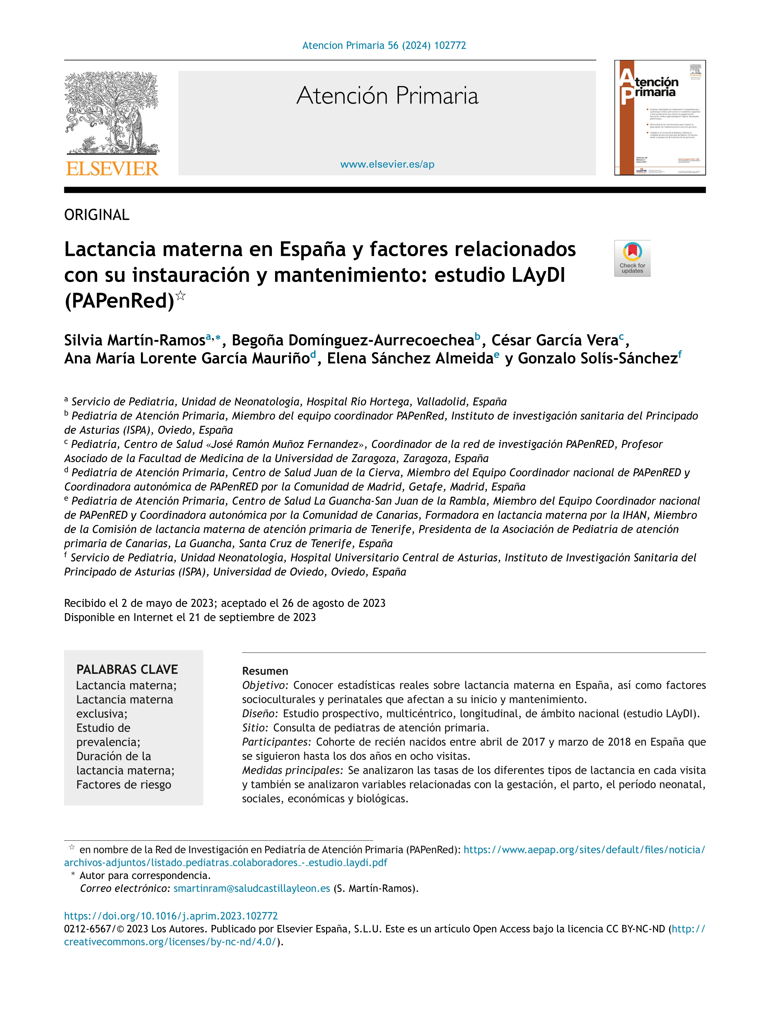 Lactancia materna en España y factores relacionados con su instauración y mantenimiento: estudio LAyDI (PAPenRed)