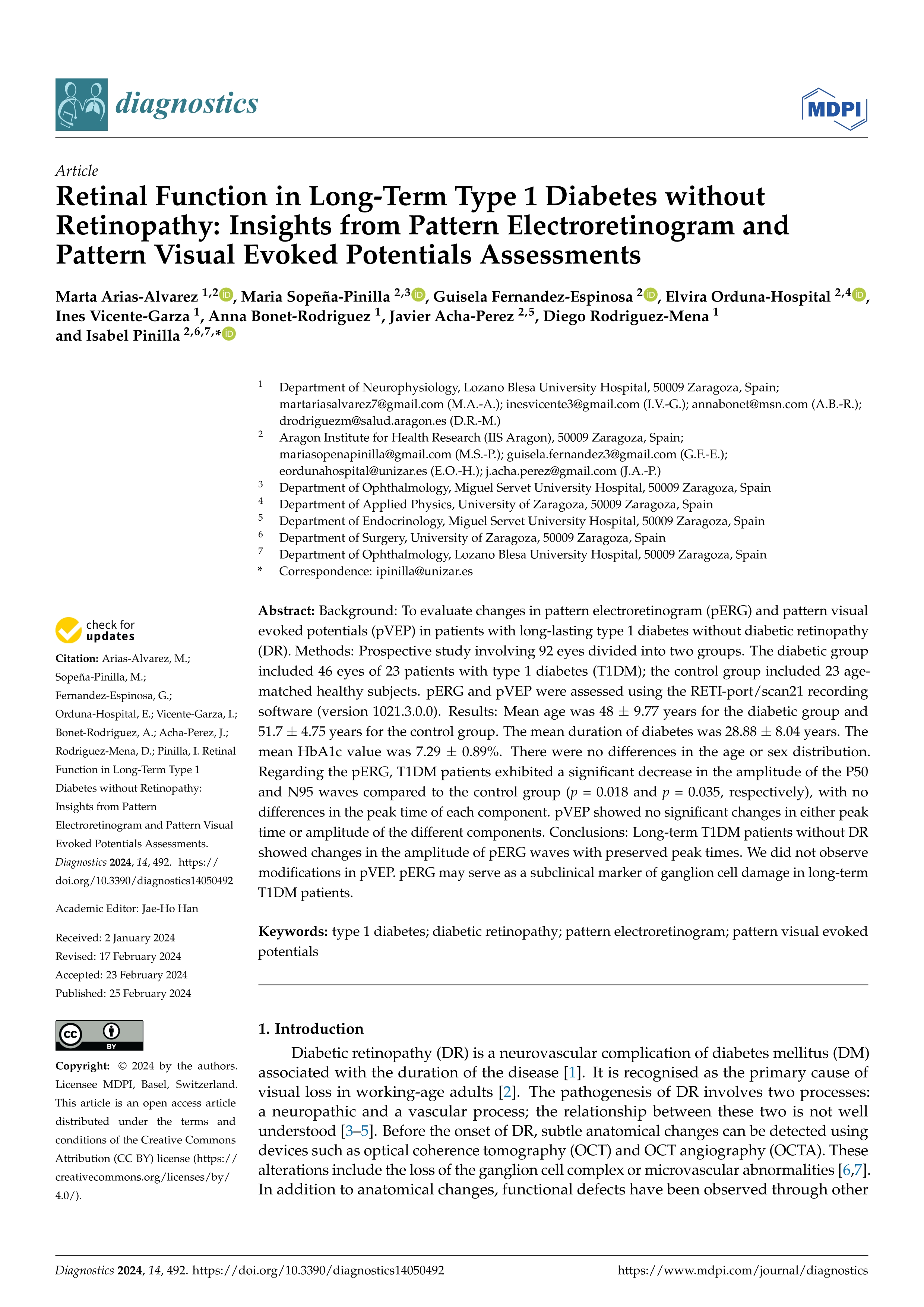 Retinal Function in Long-Term Type 1 Diabetes without Retinopathy: Insights from Pattern Electroretinogram and Pattern Visual Evoked Potentials Assessments