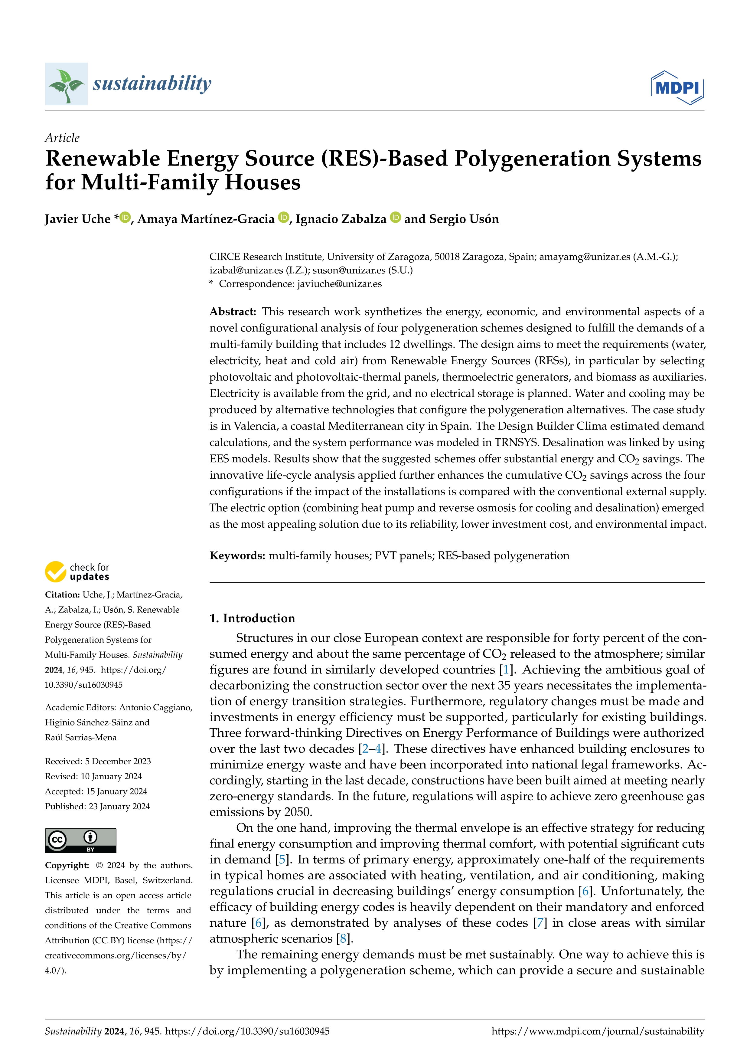 Renewable Energy Source (RES)-Based Polygeneration Systems for Multi-Family Houses