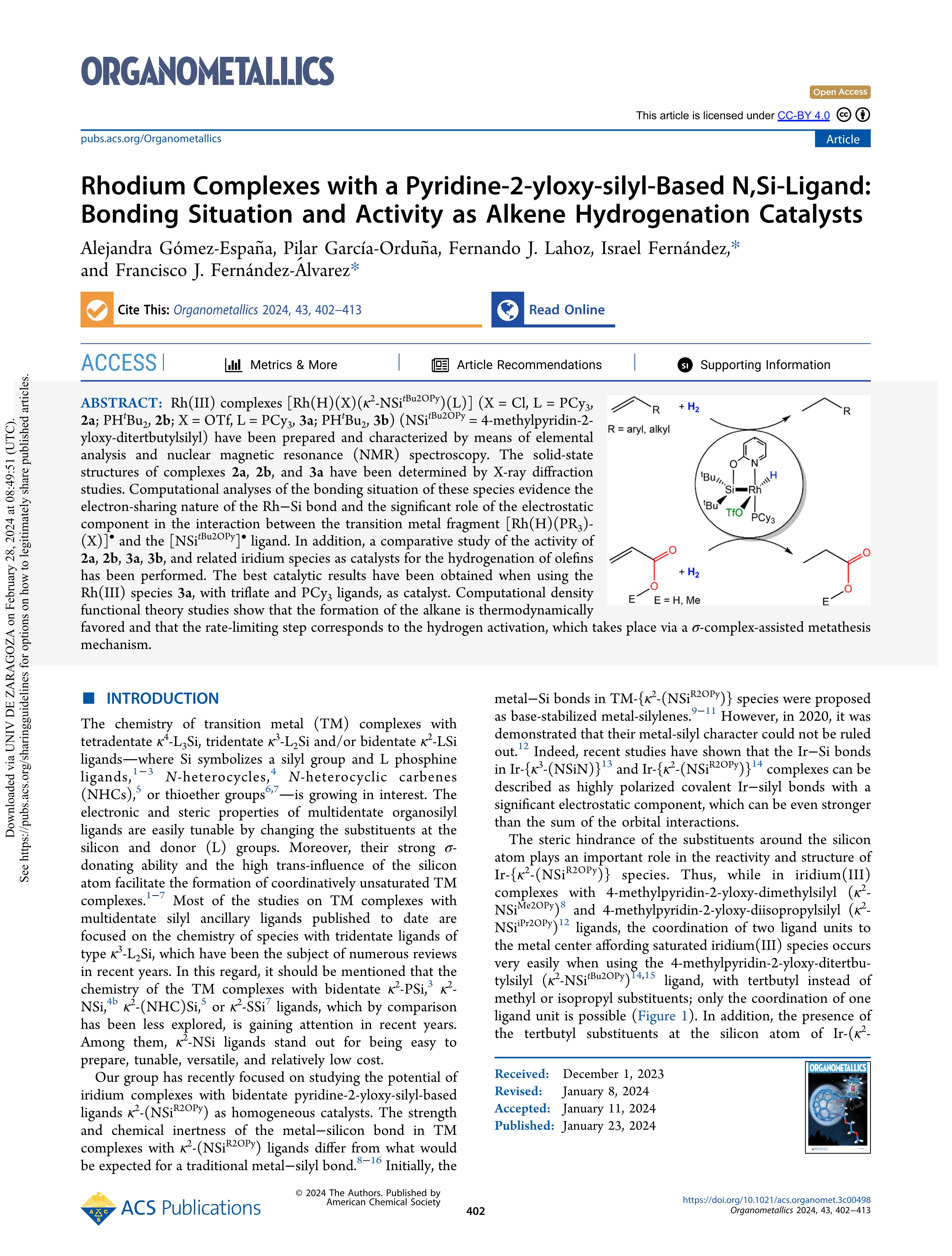 Rhodium Complexes with a Pyridine-2-yloxy-silyl-Based N,Si-Ligand: Bonding Situation and Activity as Alkene Hydrogenation Catalysts