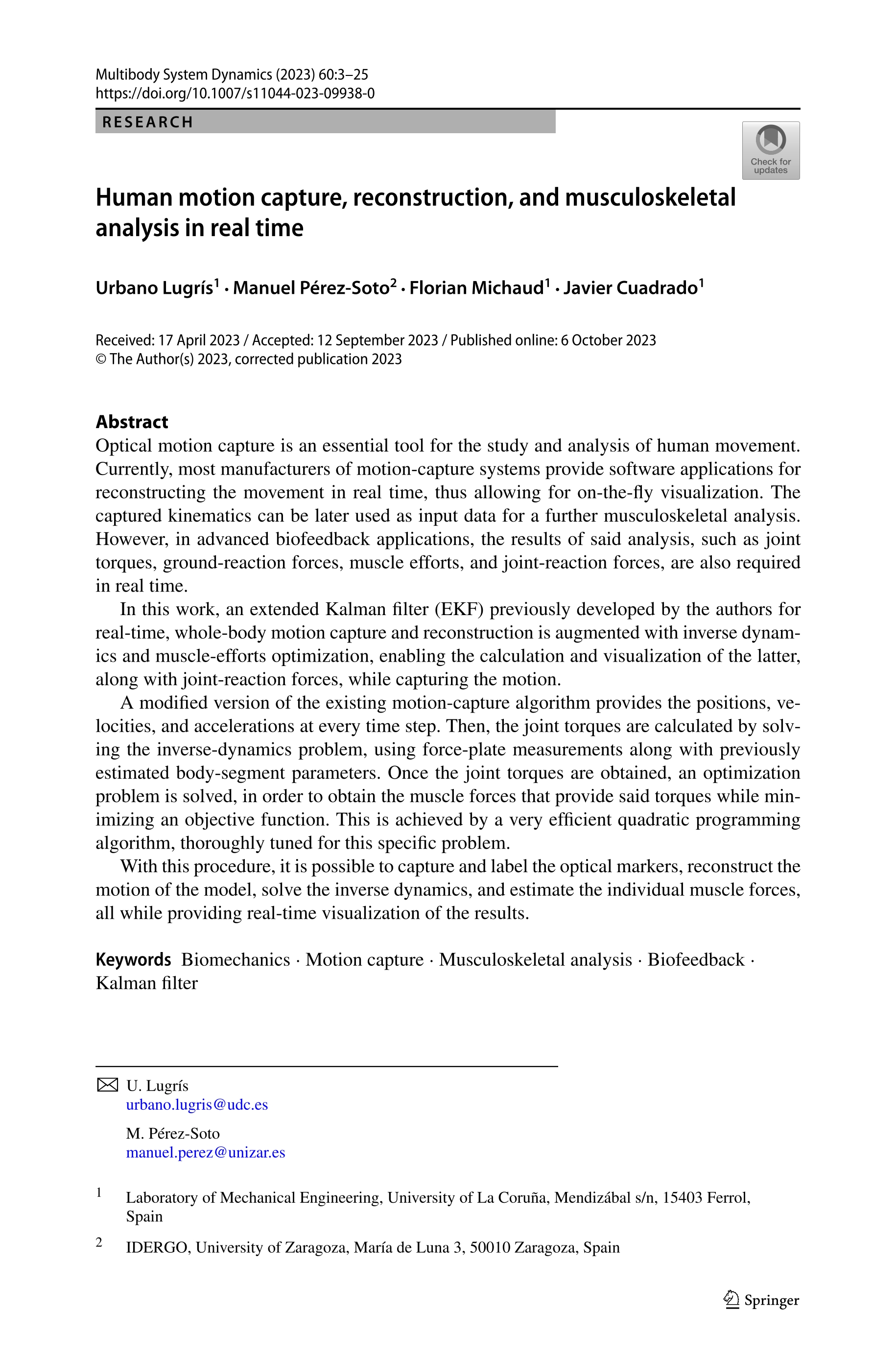 Human motion capture, reconstruction, and musculoskeletal analysis in real time