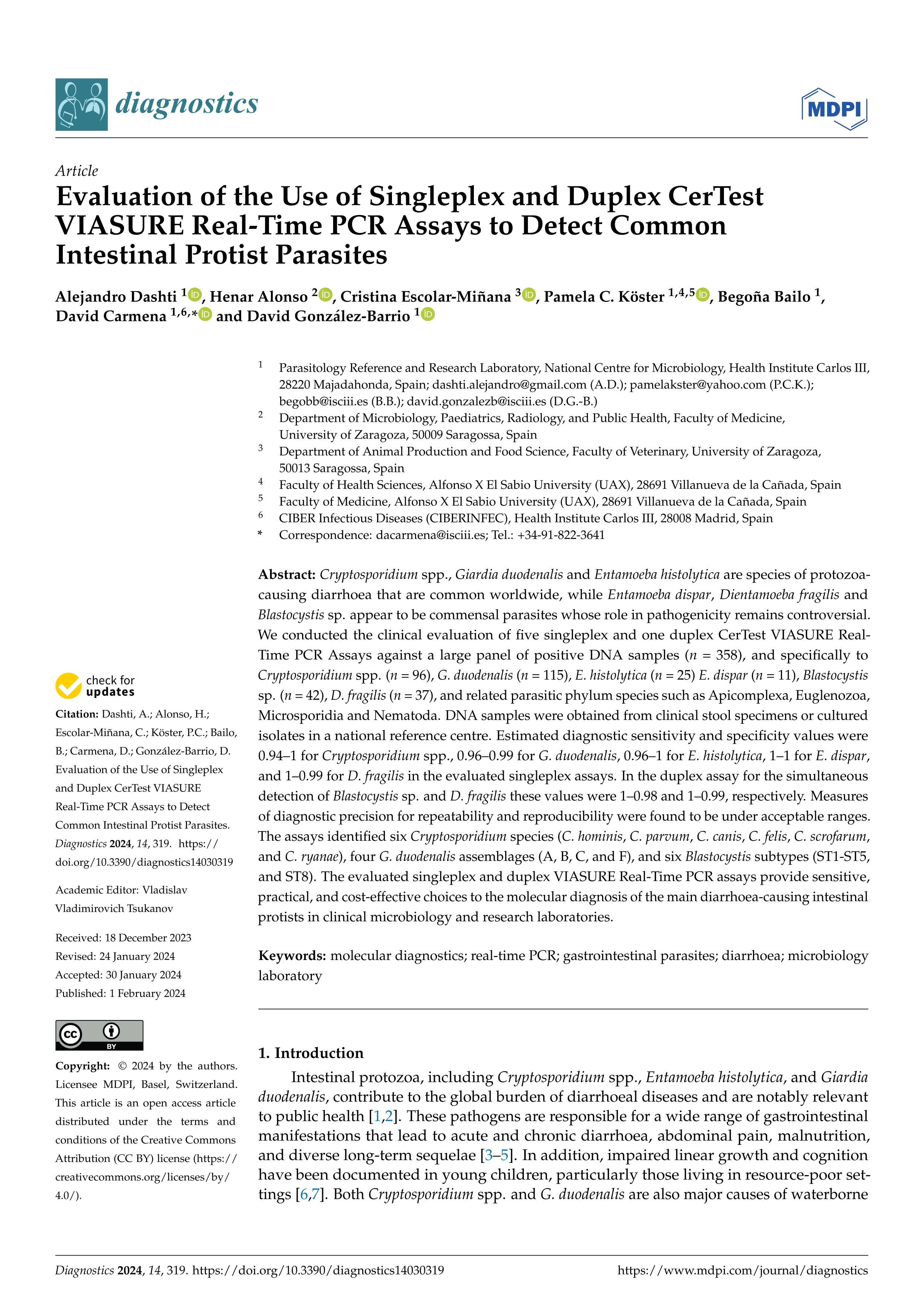 Evaluation of the use of Singleplex and Duplex CerTest VIASURE Real-Time PCR Assays to detect common intestinal protist parasites