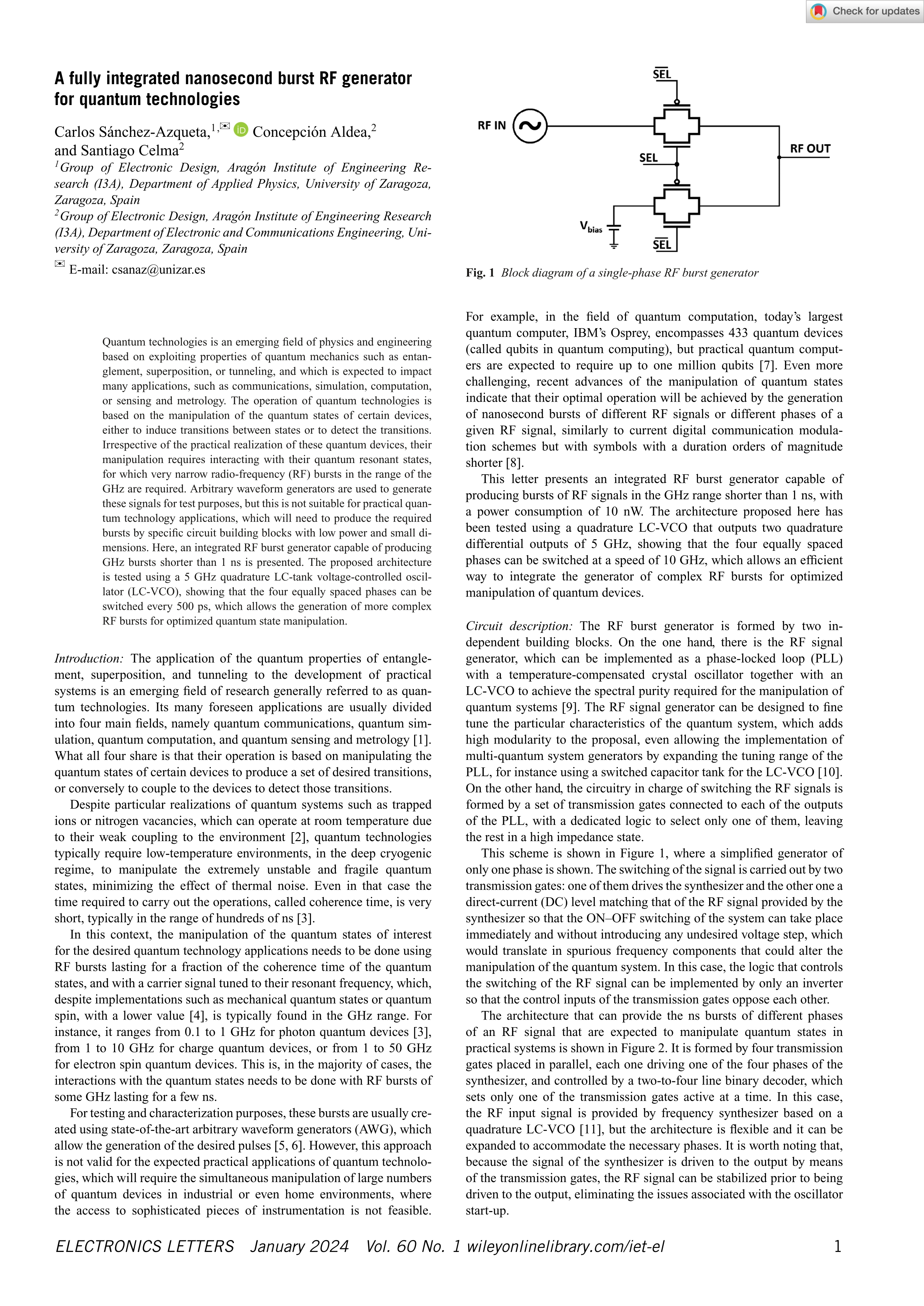 A fully integrated nanosecond burst RF generator for quantum technologies