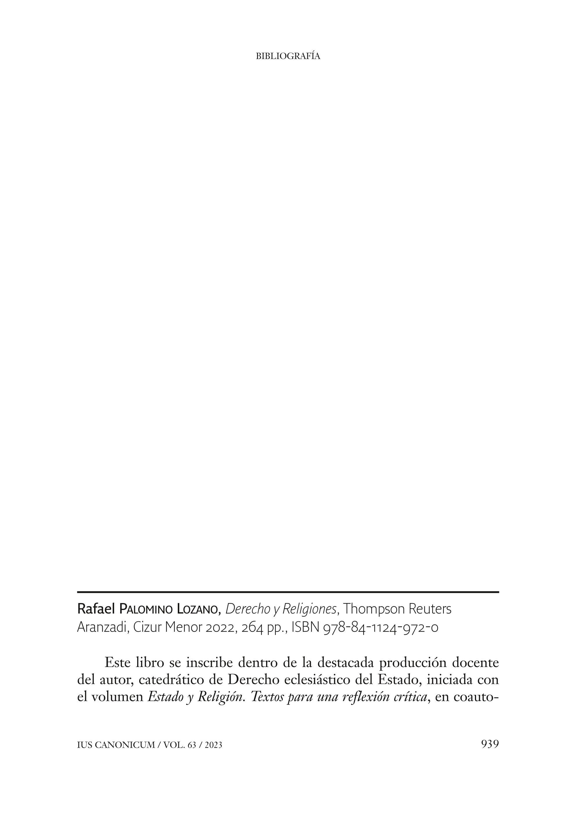 Rafael PALOMINO LOZANO, Derecho y Religiones, Thompson Reuters-Aranzadi, Cizur Menor 2022, 264 pp., ISBN 978-84-1124-972-0