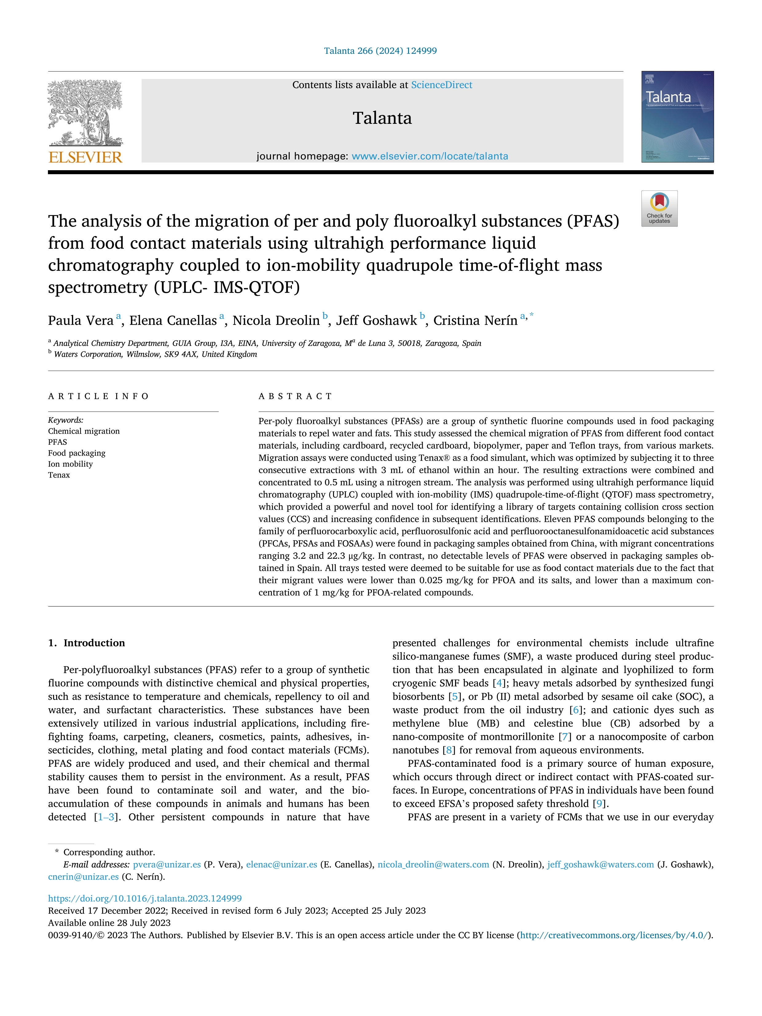 The analysis of the migration of per and poly fluoroalkyl substances (PFAS) from food contact materials using ultrahigh performance liquid chromatography coupled to ion-mobility quadrupole time-of-flight mass spectrometry (UPLC- IMS-QTOF)