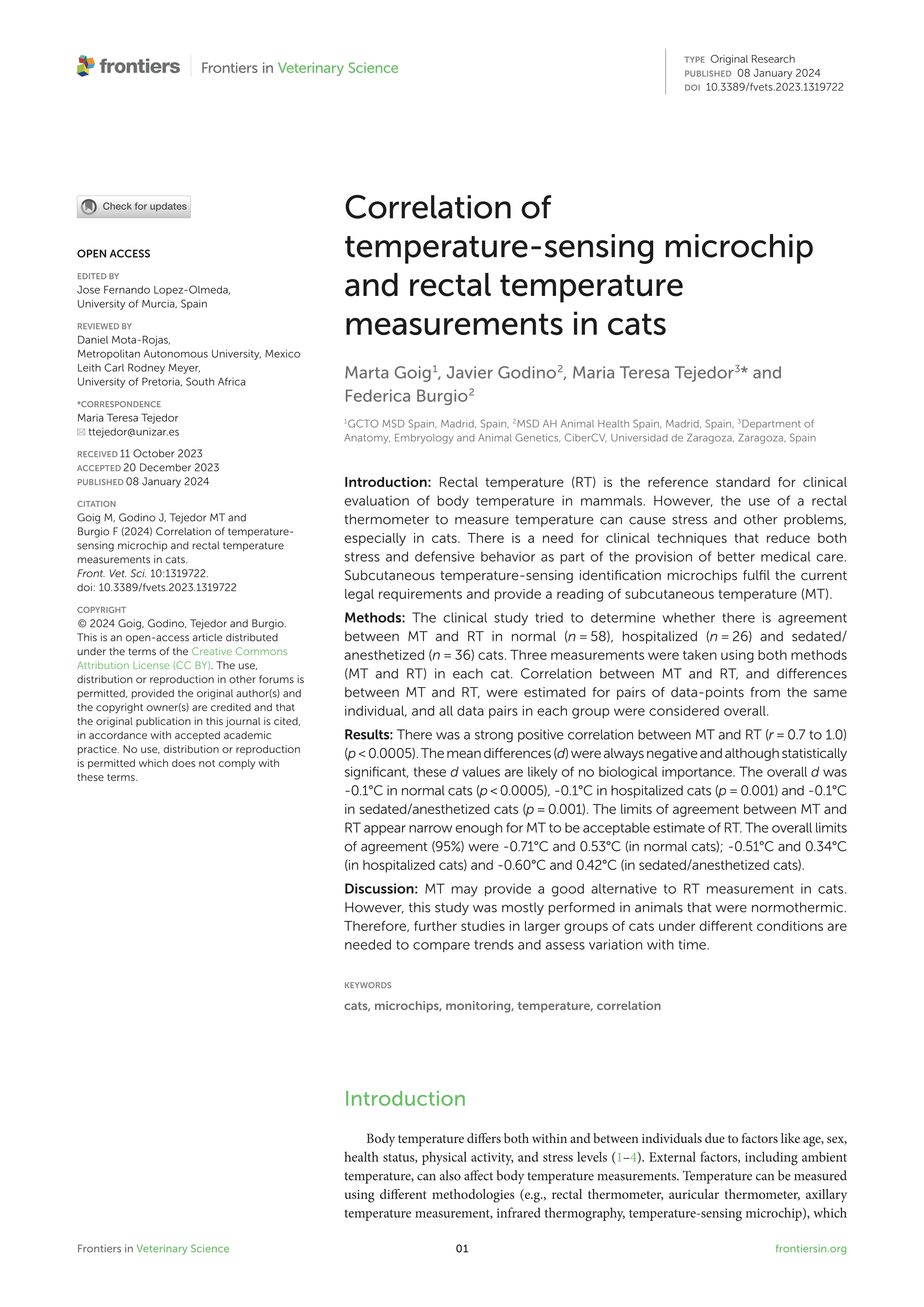 Correlation of temperature-sensing microchip and rectal temperature measurements in cats