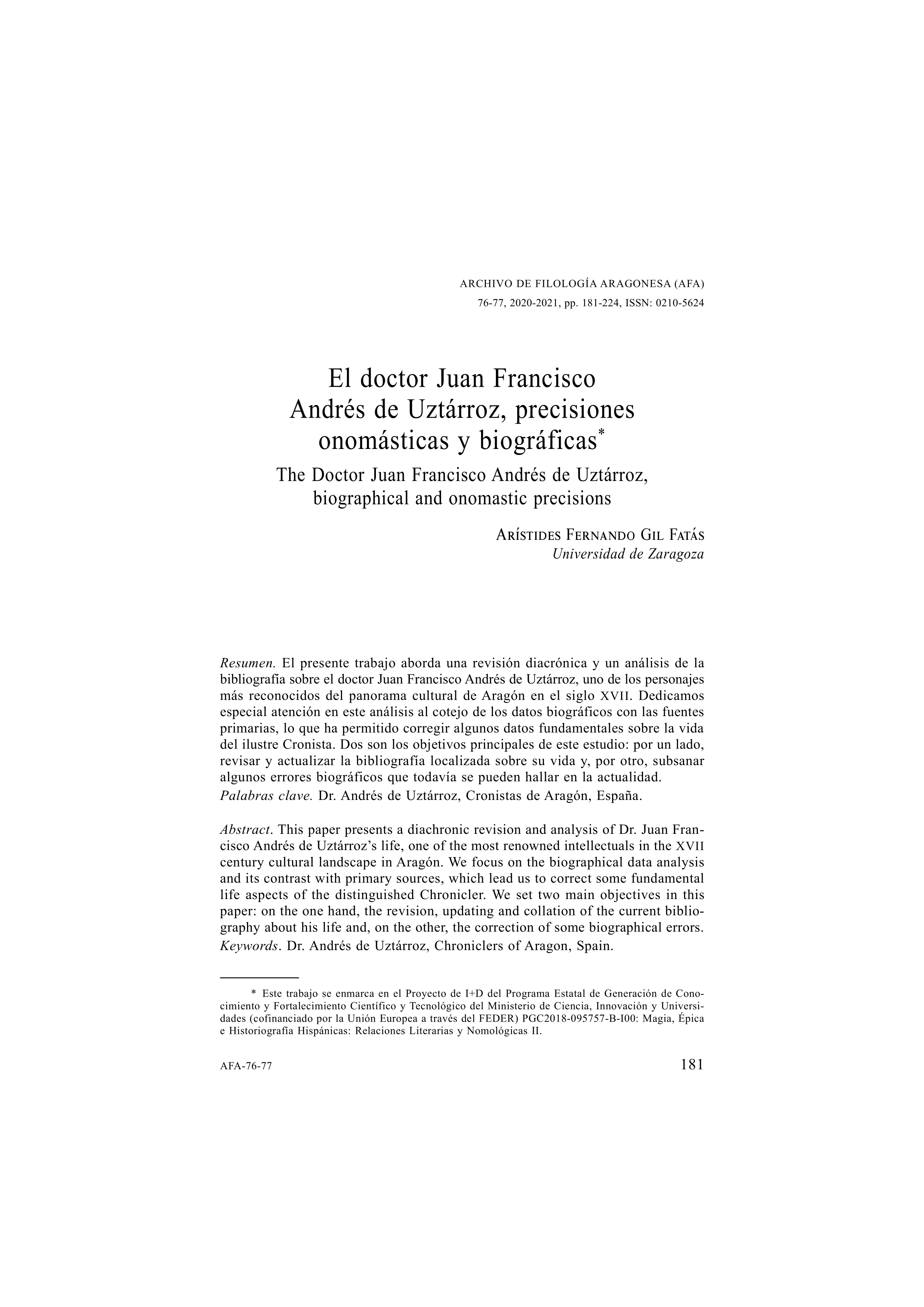 El doctor Juan Francisco Andrés de Uztárroz, precisiones onomásticas y biográficas
