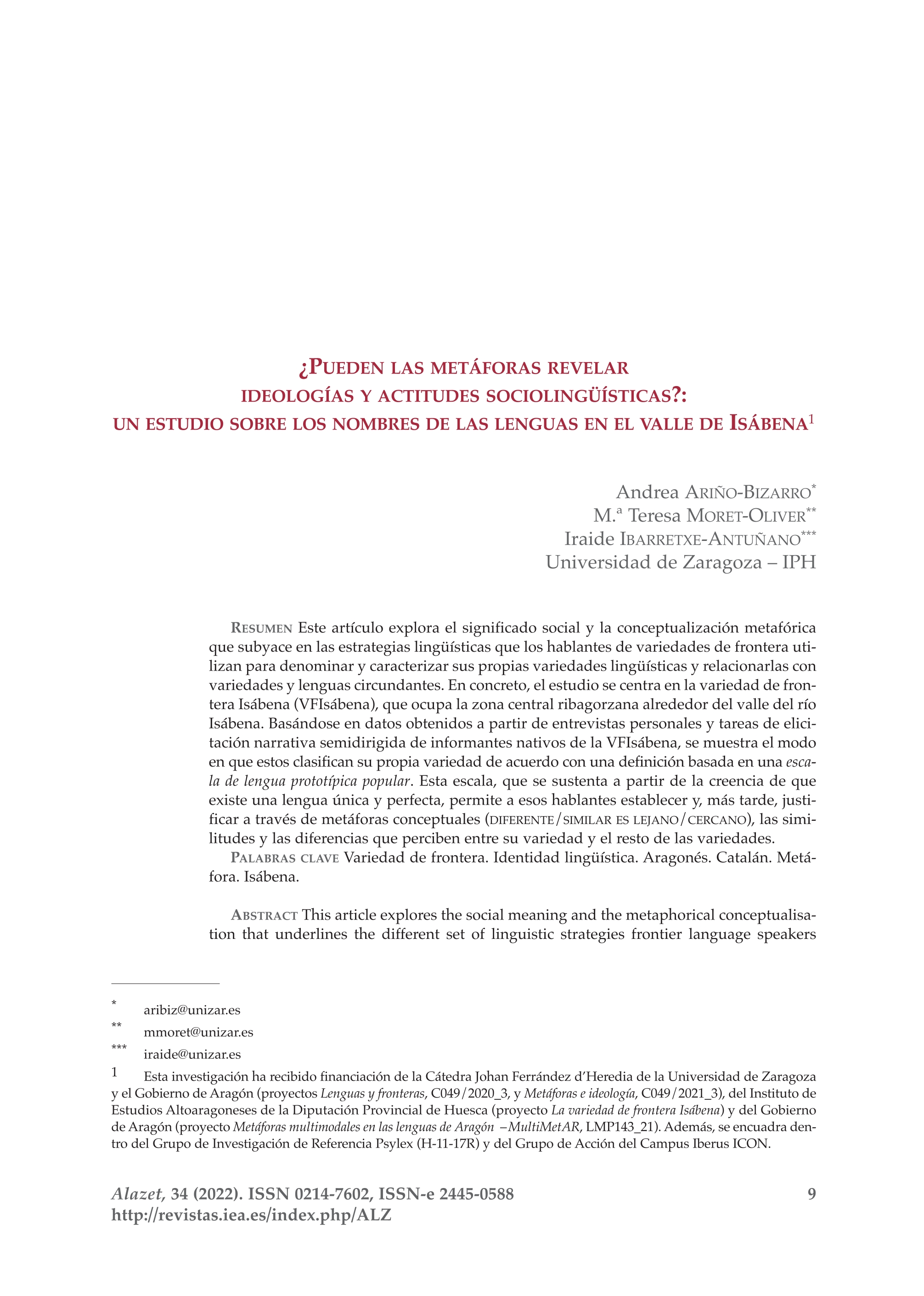 ¿Pueden las metáforas revelar ideologías y actitudes sociolingüísticas? Un estudio sobre los nombres de las lenguas en el Valle de Isábena