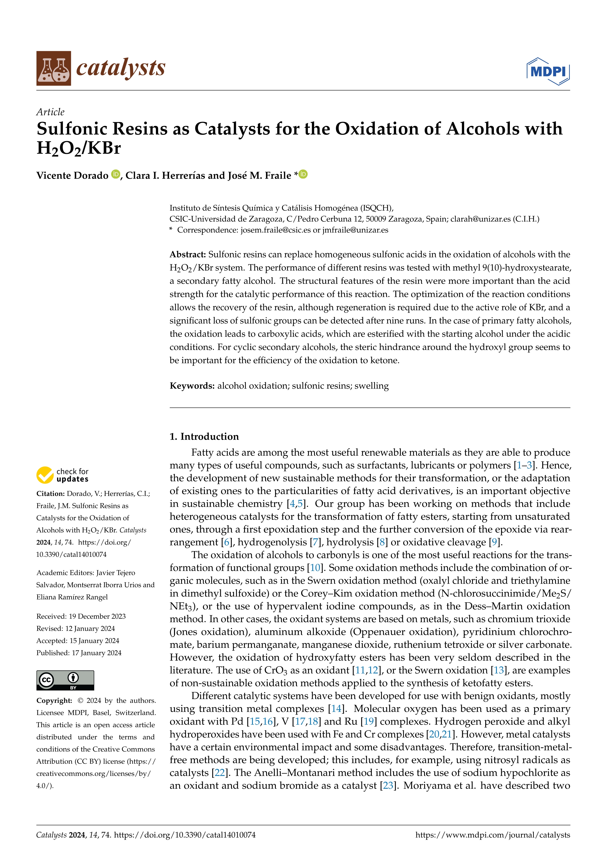 Sulfonic resins as catalysts for the oxidation of alcohols with H2O2/KBr