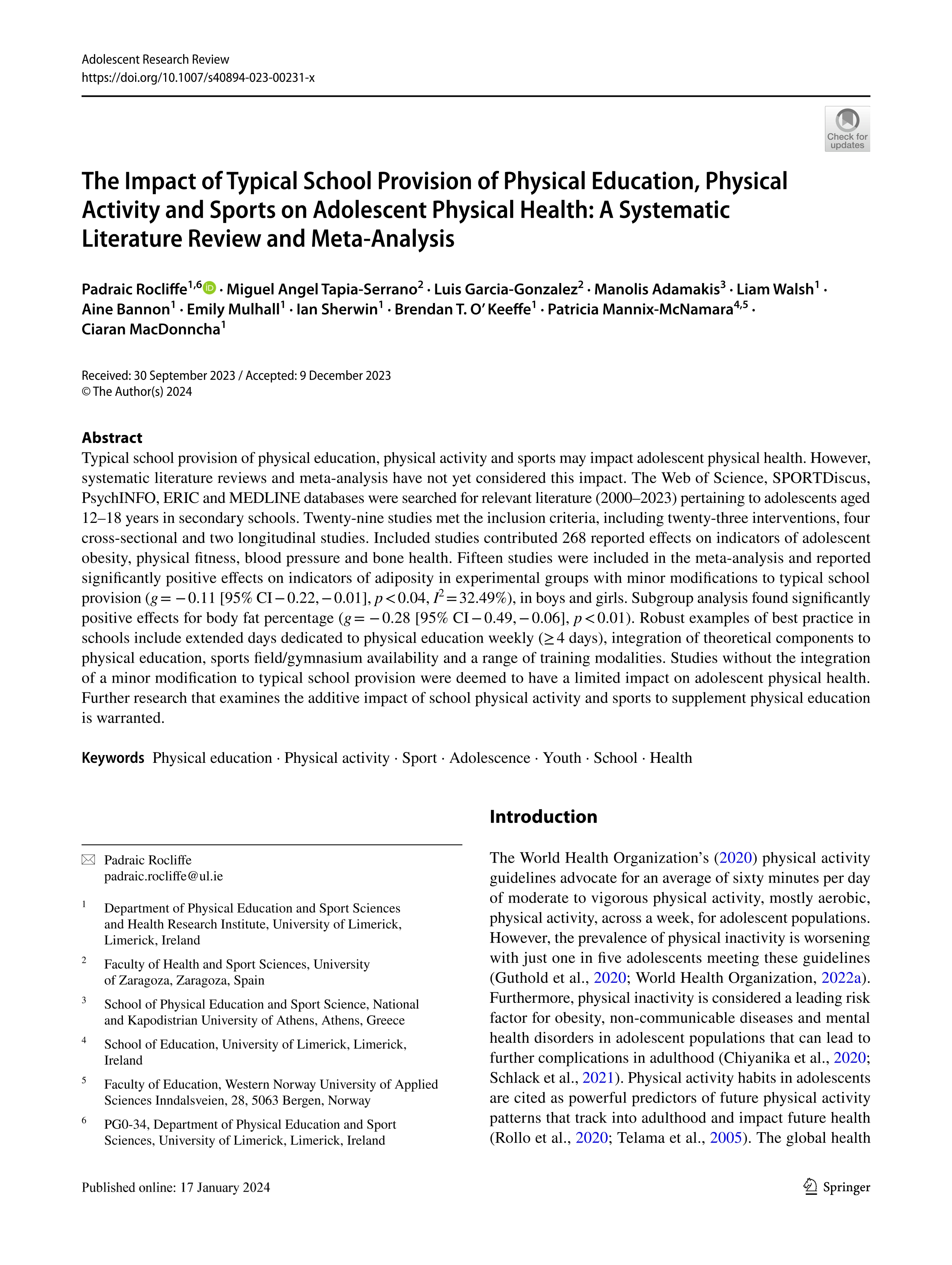 The Impact of Typical School Provision of Physical Education, Physical Activity and Sports on Adolescent Physical Health: A Systematic Literature Review and Meta-Analysis
