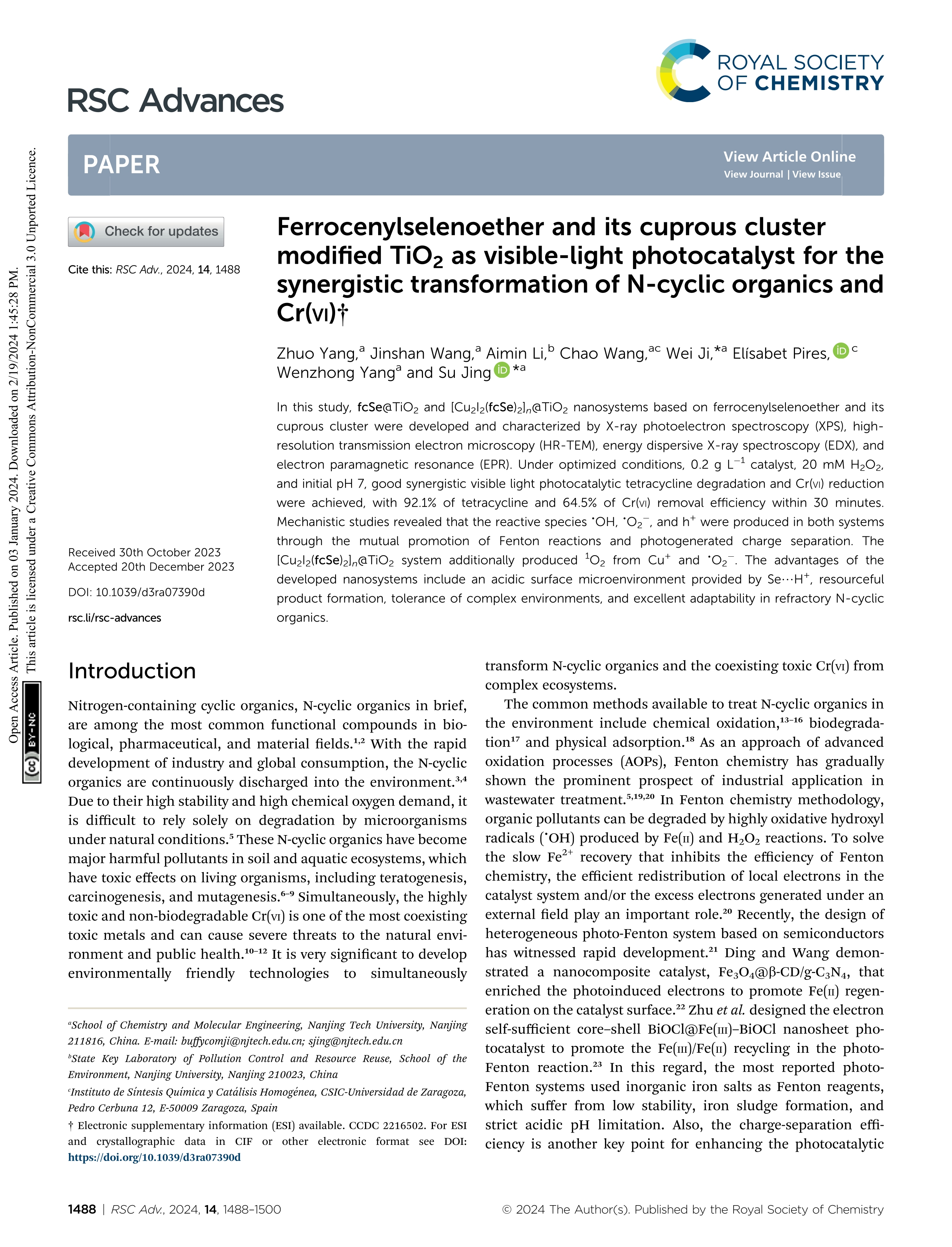 Ferrocenylselenoether and its cuprous cluster modified TiO2 as visible-light photocatalyst for the synergistic transformation of N-cyclic organics and Crvi