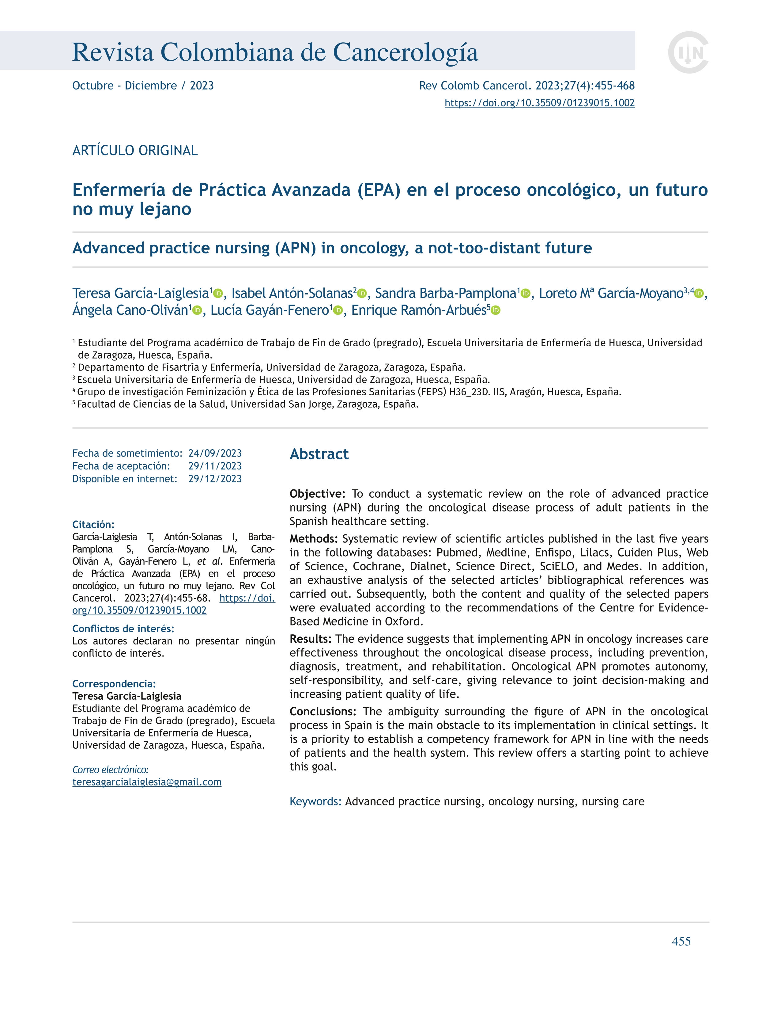 Enfermería de Práctica Avanzada (EPA) en el proceso oncológico, un futuro no muy lejano