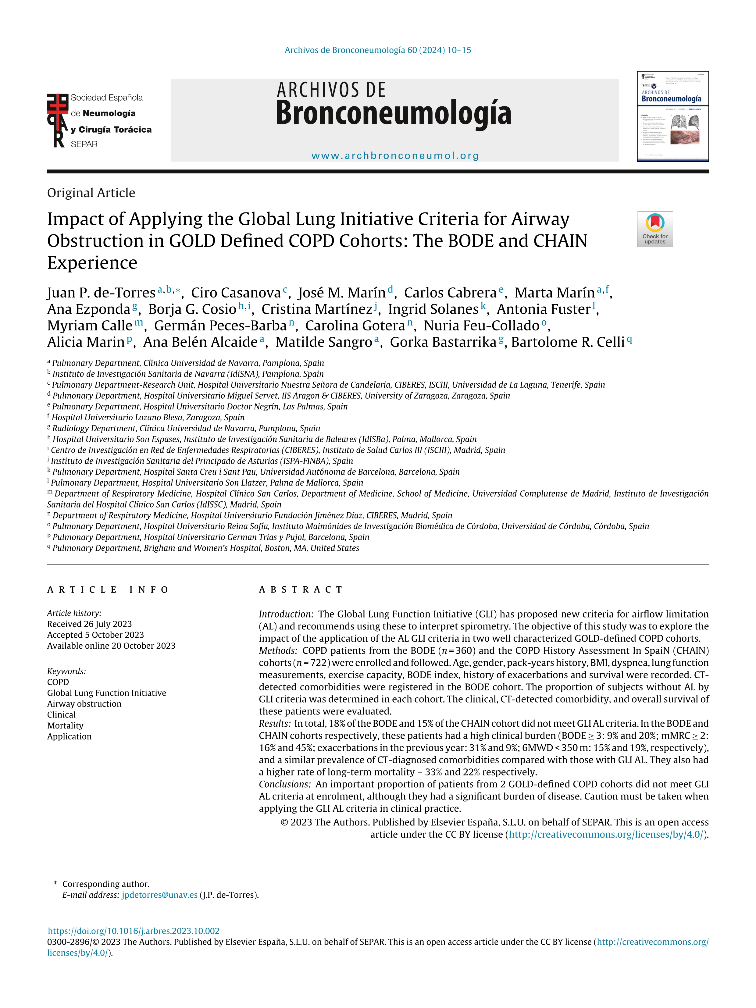 Impact of Applying the Global Lung Initiative Criteria for Airway Obstruction in GOLD Defined COPD Cohorts: The BODE and CHAIN Experience