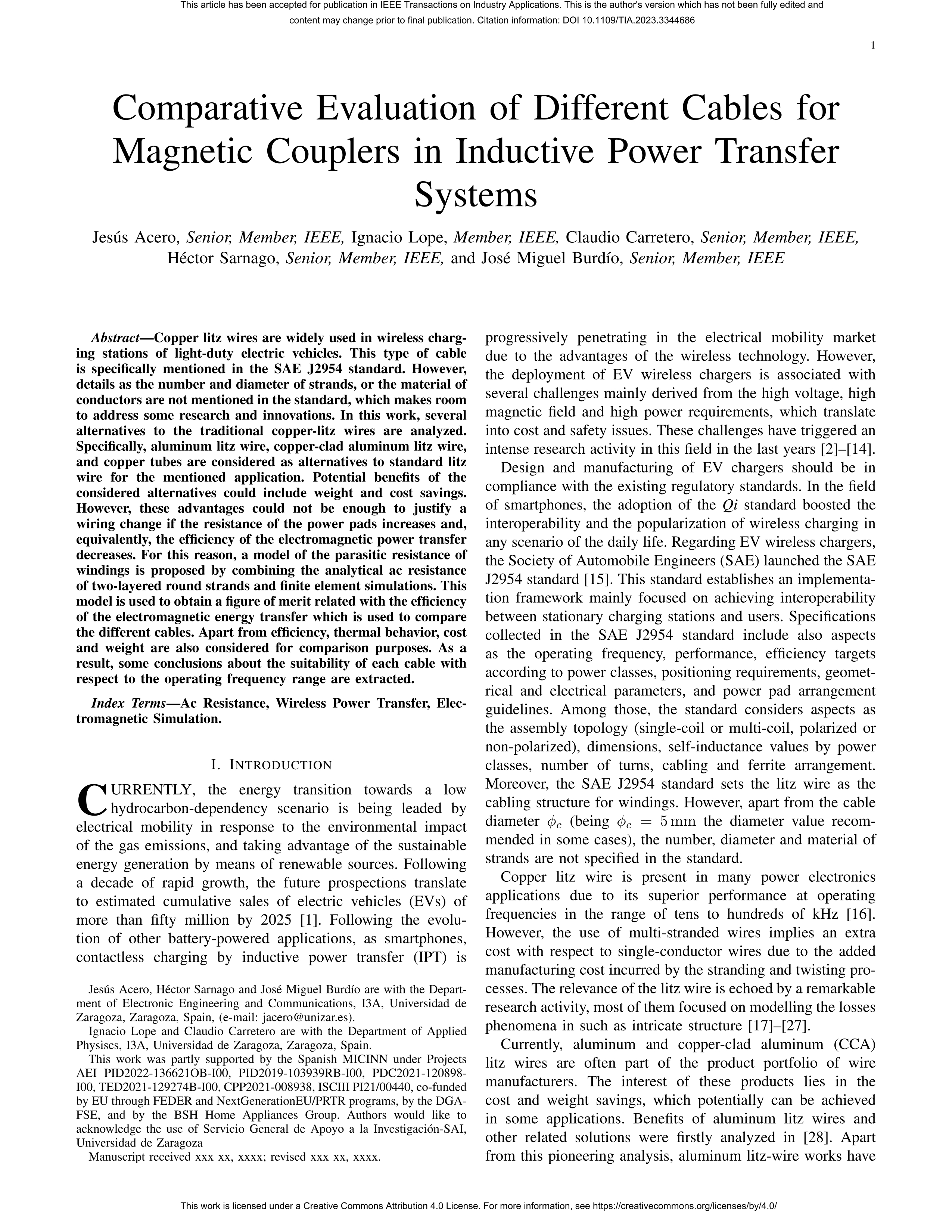 Comparative evaluation of different cables for magnetic couplers in inductive power transfer systems