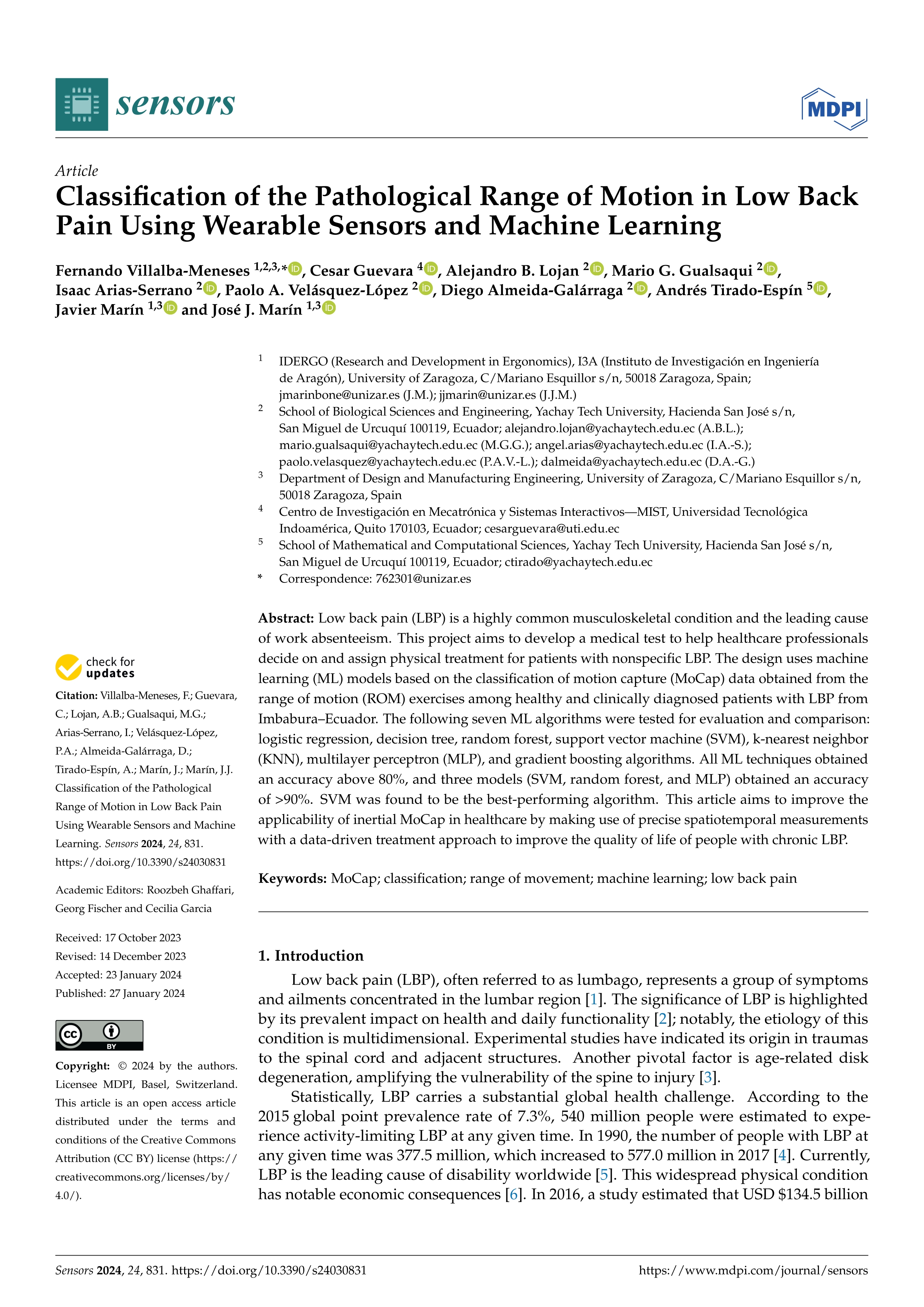 Classification of the Pathological Range of Motion in Low Back Pain Using Wearable Sensors and Machine Learning